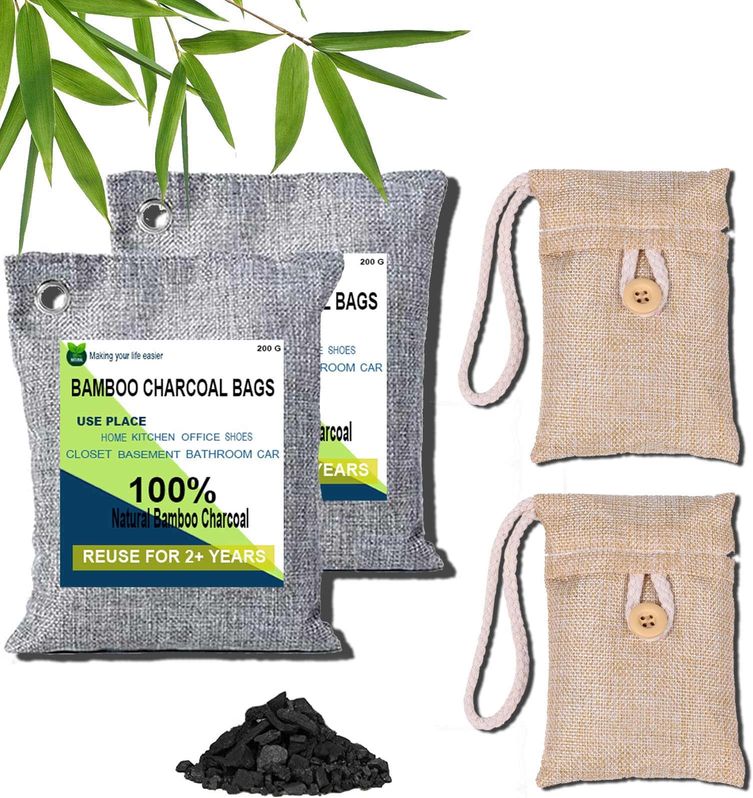 Charcoal Bags, Bamboo Bags 4 pack, 2x200g+2x100g Air Purifier And deodorize, Charcoal Air Purifying Bags for Bedroom, Car, Fridge