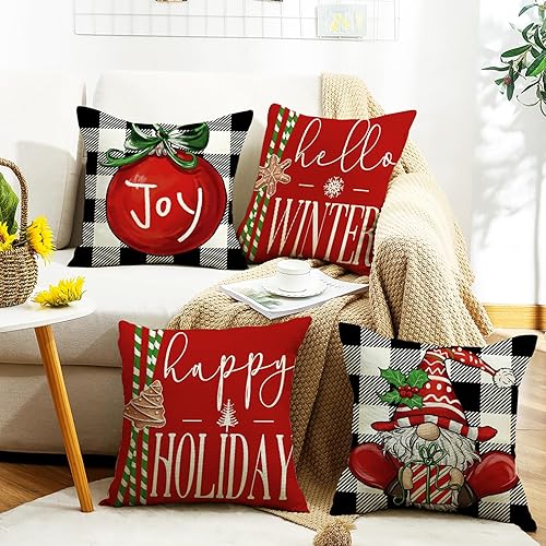 Miniatura 2 de Juego de 4 fundas de almohada de Navidad de 18 x 18 pulgadas, para decoración navideña, diseño de búfalo rojo y negro, a cuadros de invierno, para