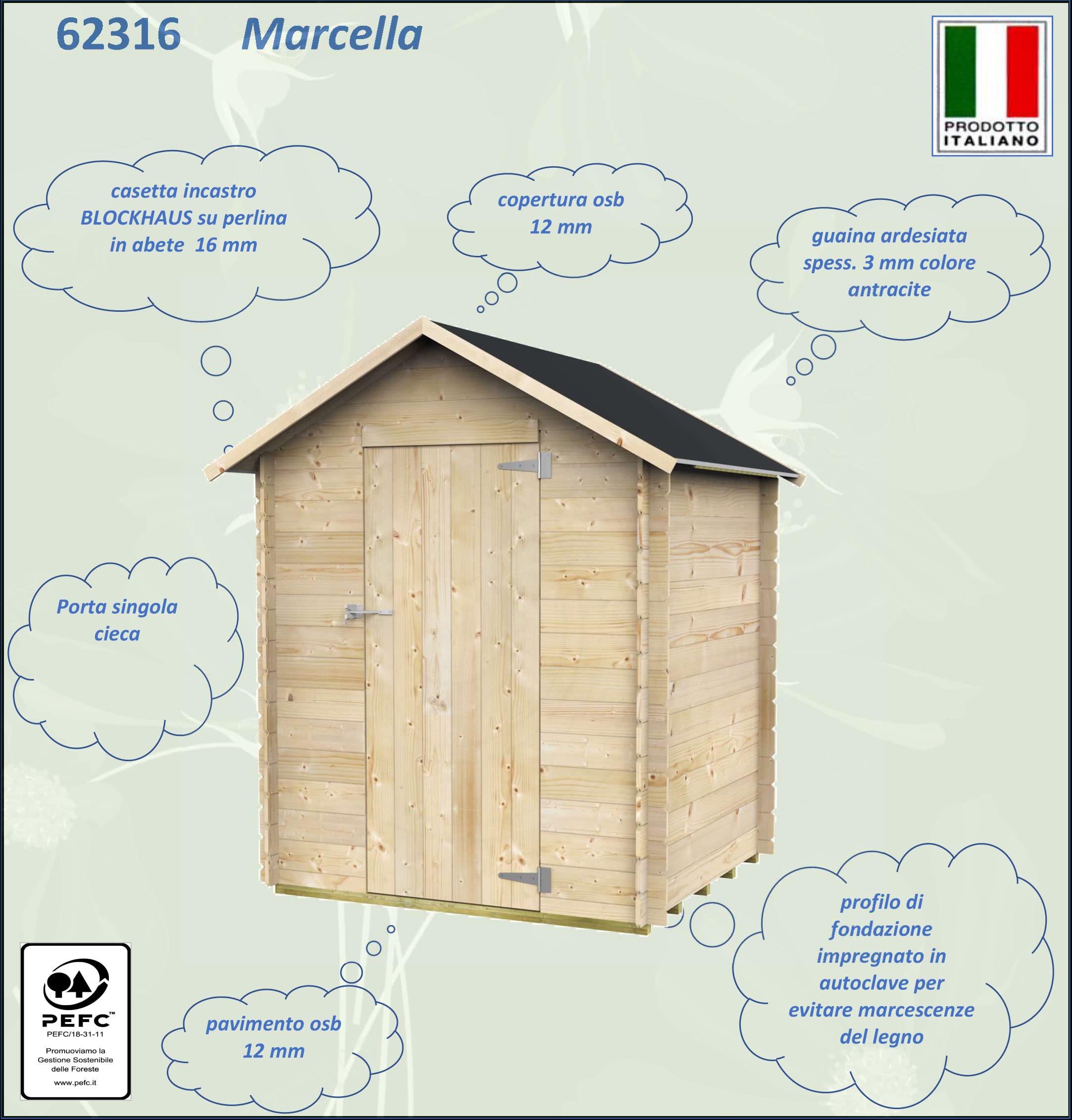 Gartenhaus Bh16 Marcella 146x130 aus Naturbelassenem Fichtenholz 16 mm mit Einzeltür, OSB3-Dach und -Boden, einfacher Aufbau, druckimprägniert, PEFC-Zertifiziert