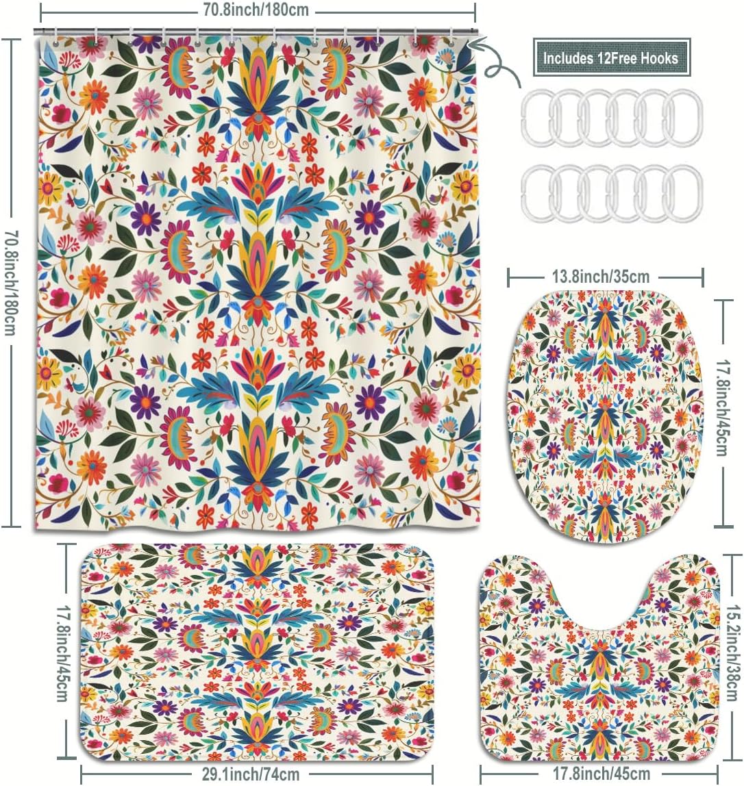 4-Piece Bathroom Set with Shower Curtain, Mexican Folk Art Floral Design, Polyester Bath Mat and Toilet Cover, Multicolor, 70.8x180cm, with 12 Hooks