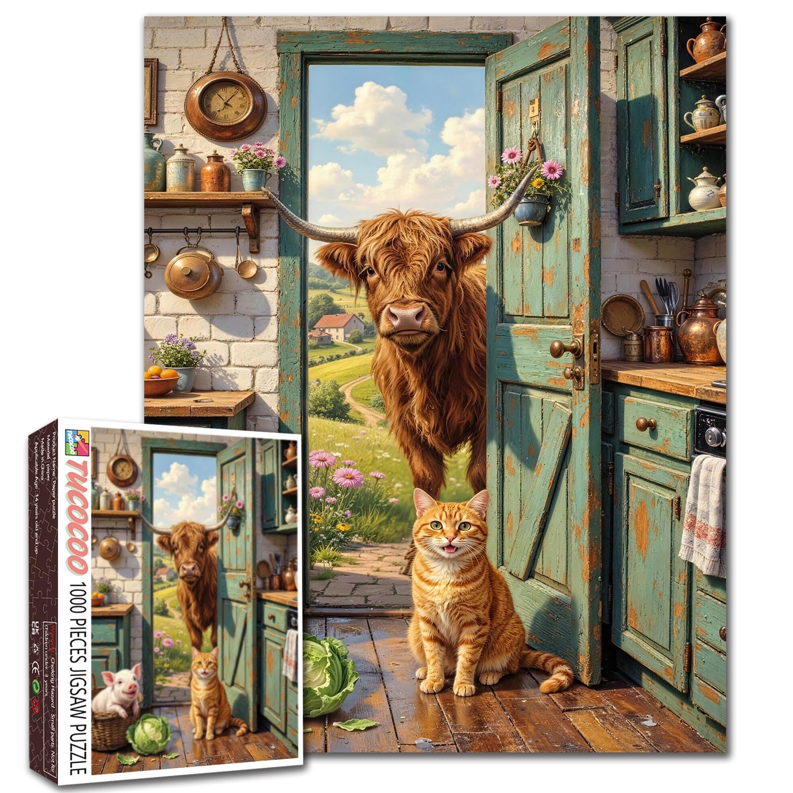 Highland Cattle Puzzle Cat Pig Animal Jigsaw Vintage Farmhouse Kitchen Door Puzzle Picture 1000 Pieces for Adults Beginner Challenging Family Activity Games DIY Crafts Puzzle for Home Decor Gifts โ image 1