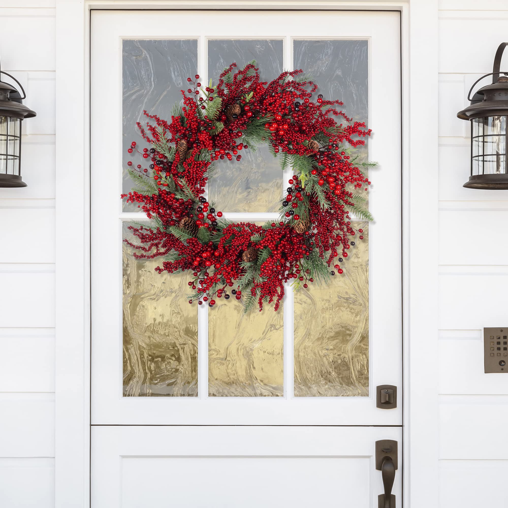 KI Store Beeren türkranz Weihnachten beleuchtet groß 65cm rot beerenkranze Licht weihnachtskranz haustür mit Beleuchtung für weihnachtsdeko, stechpalme deko