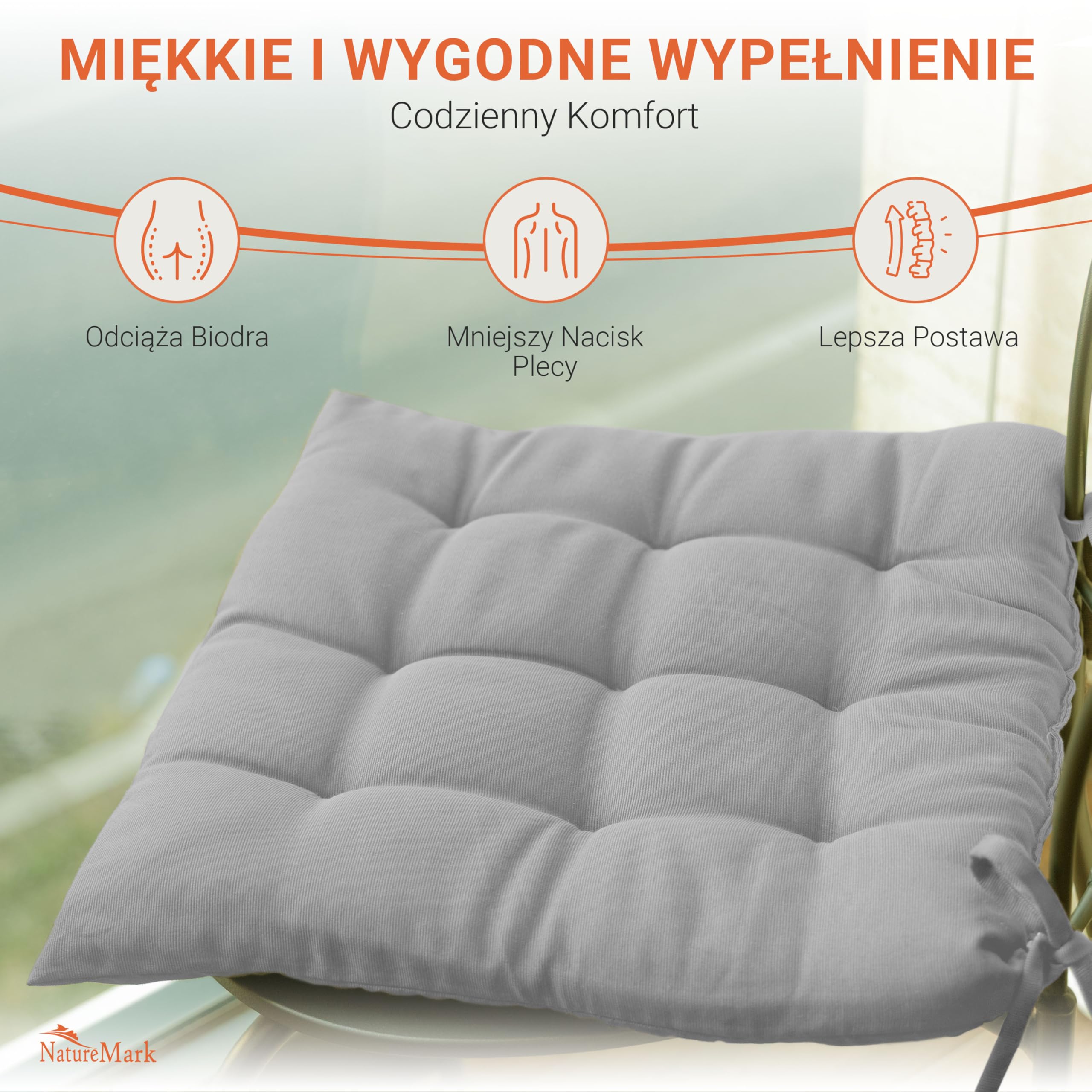 NatureMark Zestaw 4 Poduszek na Krzesła z Tasiemkami 40x40 cm – Poduszka do Siedzenia Wypełniona – Do Kuchni i Ogrodu – Kolor Srebrno-szara