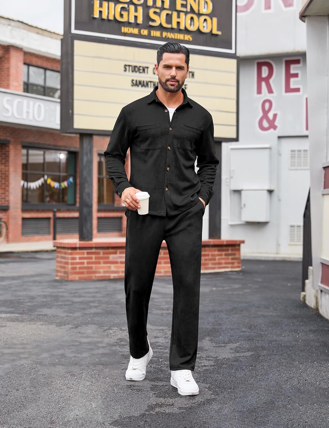 LecGee Men's Fall Faux Suede 2 Piece Tracksuit Button Down Long Sleeve Jacket Loose Pants With Pocket Fashion Casual Set - Image 3