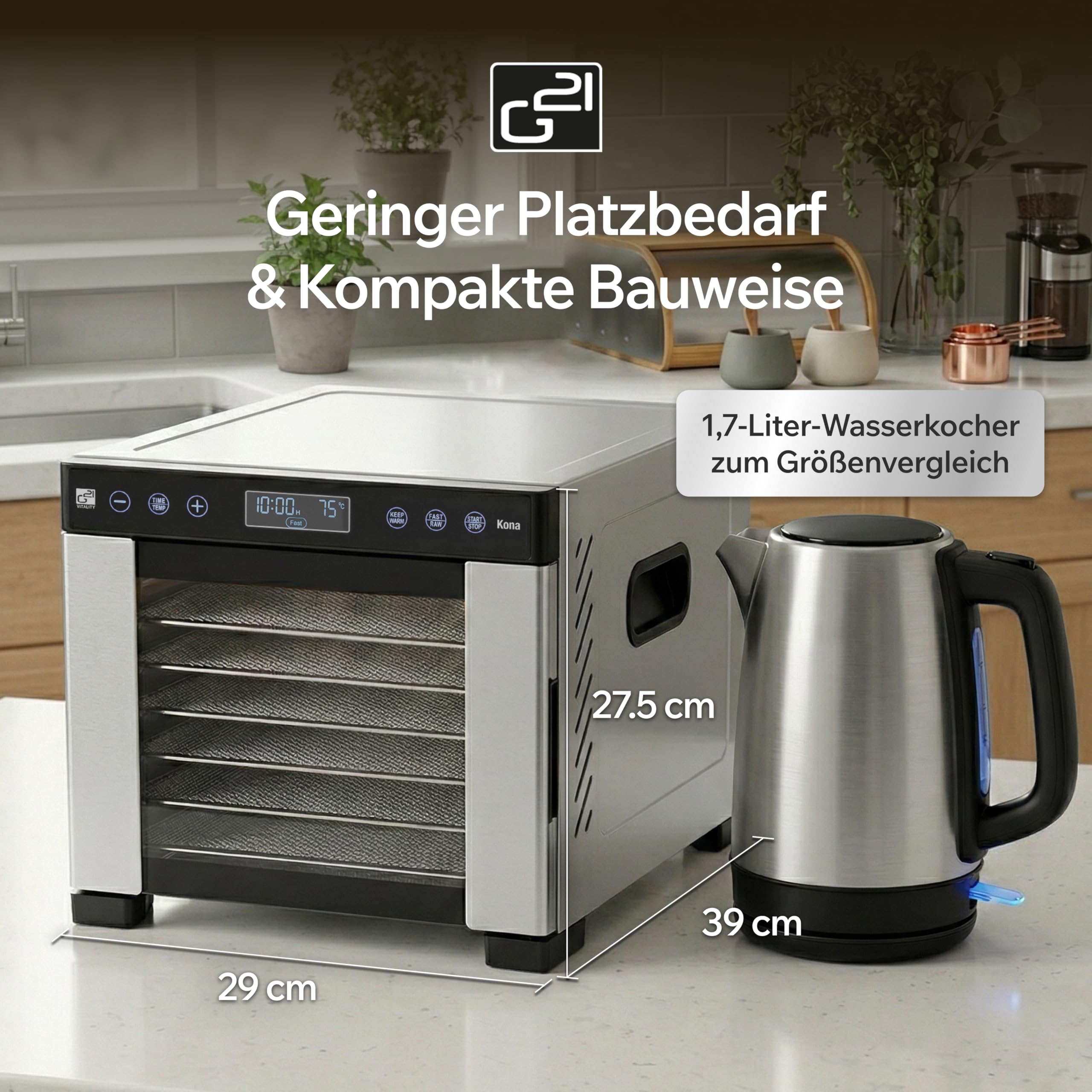 G21 Kona Edelstahl Dörrgerät 7 Ebenen 0,48 m² | 7 Edelstahl-Gitter, 0,48 m² Trockenfläche, 35–75 °C, 48h Timer, 600W