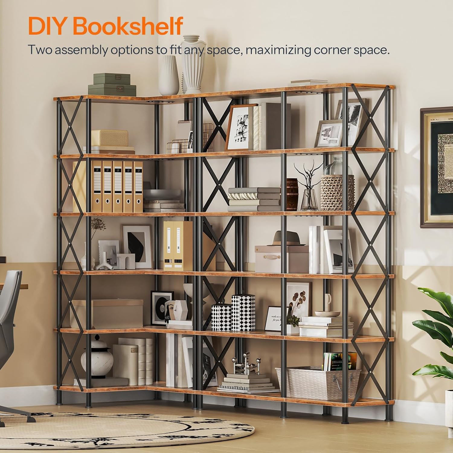 HOOBRO Corner Bookshelf, 6-Tier L-Shaped Bookcase, Industrial Open Display Shelf Tall Storage Organizer, Vertical Storage Rack, for Living Room, Home Office, Rustic Brown and Black BF61SJ01