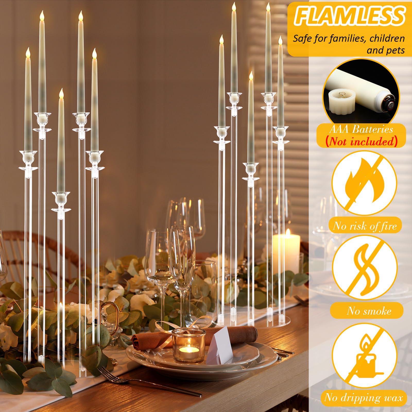 Barydat Juego de 4 candelabros acrílicos de 5 brazos para bodas, candelabros transparentes con 20 velas LED, 2 temporizadores remotos, 22 anillos de goma para Halloween, Navidad, fiesta, cena,