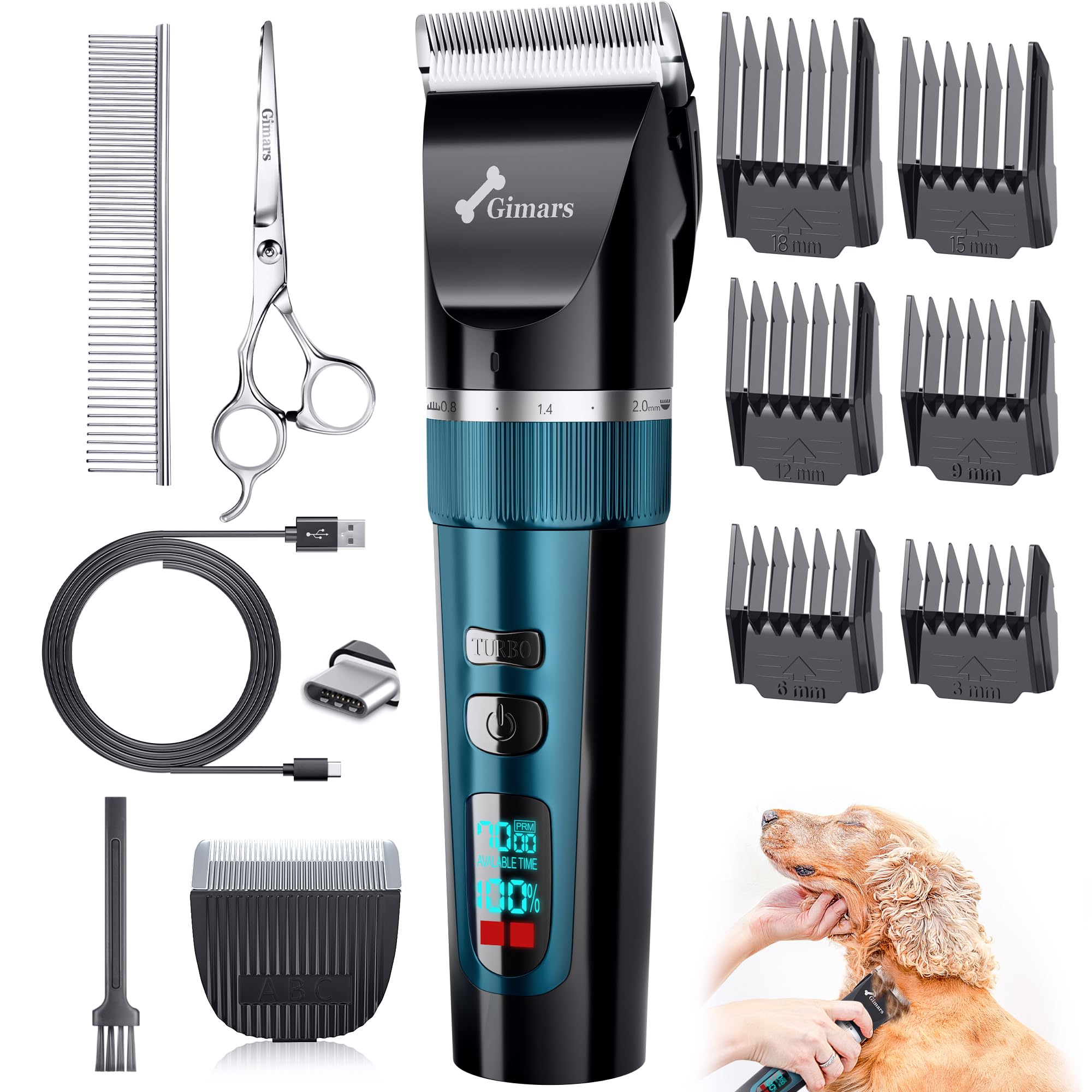 Gimars Tondeuse pour chien 4 en 1 7000 tr/min avec lame de rechange, sans fil et silencieuse, 55 dB, tondeuse professionnelle pour poils d'animaux, tondeuse à poils de chien et rasoir pour poils épais