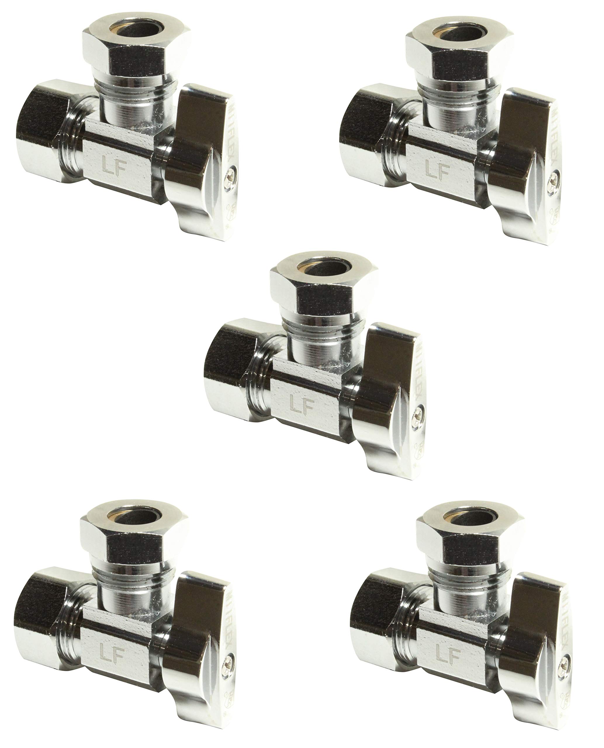 Heavy Duty 1/2 in. NOM Comp Inlet x 7/16 in. - 1/2 in. OD Slip Joint Outlet Chrome Plated Brass 1/4 Turn Squared Body Angle Valve (5 Pack)
