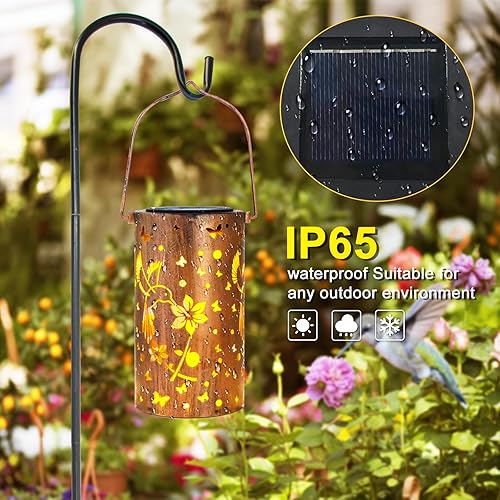 Miniatura 4 de Paquete de 4 linternas solares colgantes para exteriores, 4 faroles decorativos de metal ahuecados para colibrí, impermeables, luces LED decorativas
