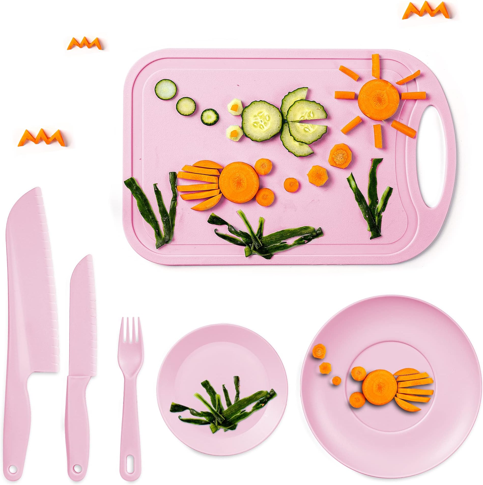 TJ POP Kids Safe Knife Set, 6 Pieces Kids Knife Set for Real Cooking, Montessori Kitchen Knives for Toddlers, Children’s Cooking Plastic Knives with Cutting Board & Dishes, BPA-Free (Pink)