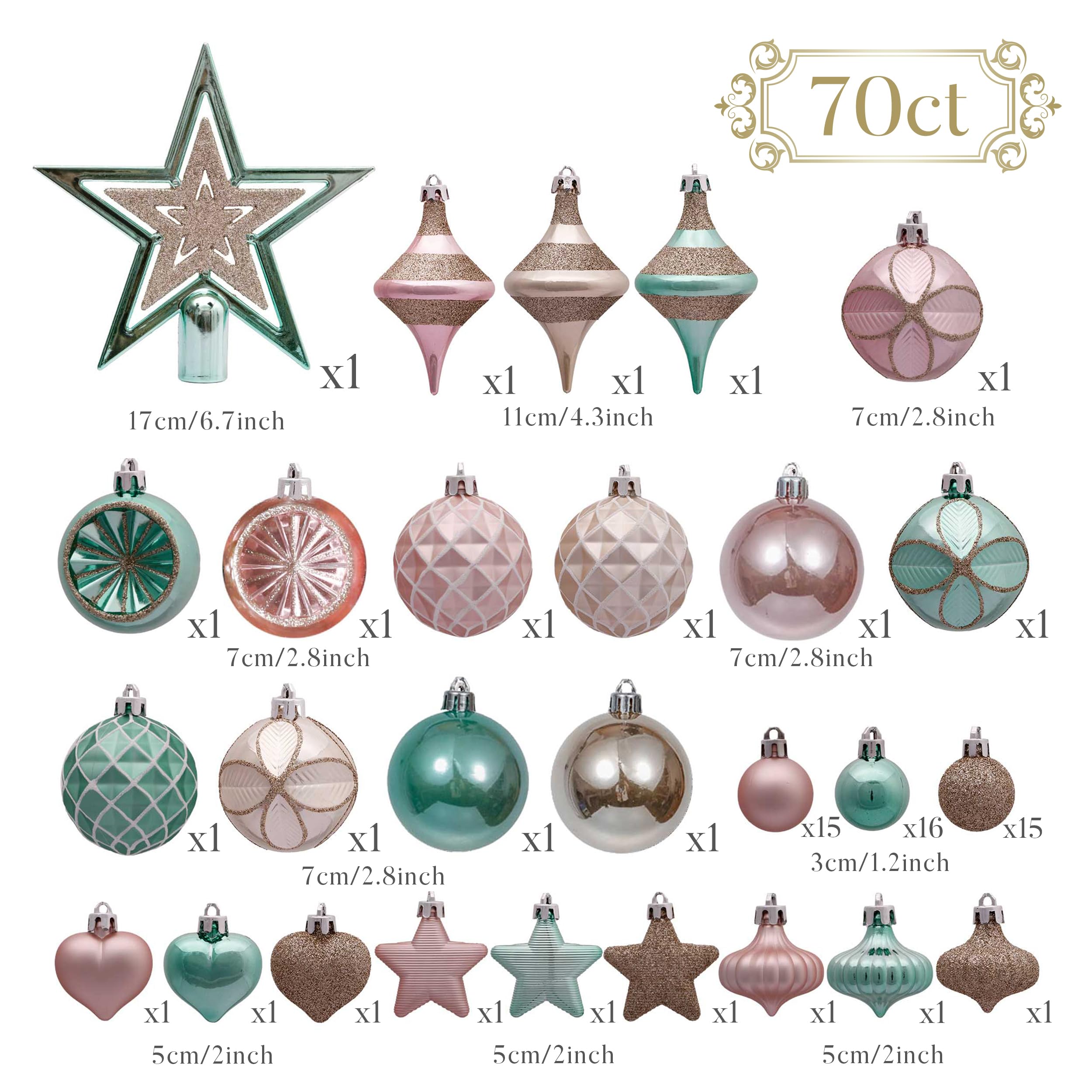 Valery Madelyn Elegante Menta Verde y Rosa Champán Dorado, Adornos de Bolas Plásticas Infrangibles de Navidad para la Decoración del Árbol de Navidad (Juego de 70, 3-6cm)