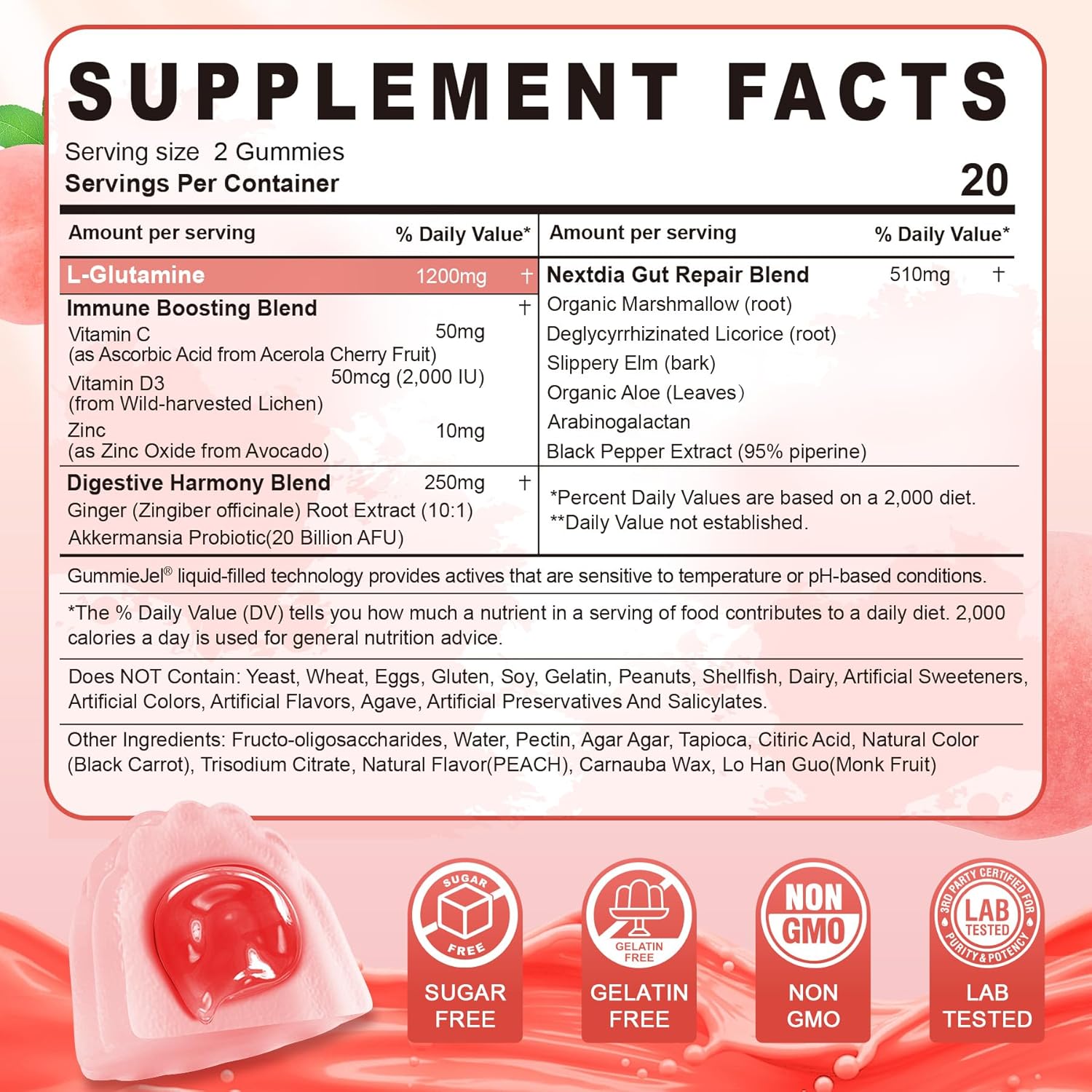 L-Glutamine 1200mg Gut & Immune Support Gummies,Leaky Gut Repair Supplement with Slippery Elm,Marshmallow Root,Ginger Root,Arabinogalactan,Organic Aloe,Vitamin C,Vitamin D3,Zinc,Sugar-Free | 120 Count - Image 2