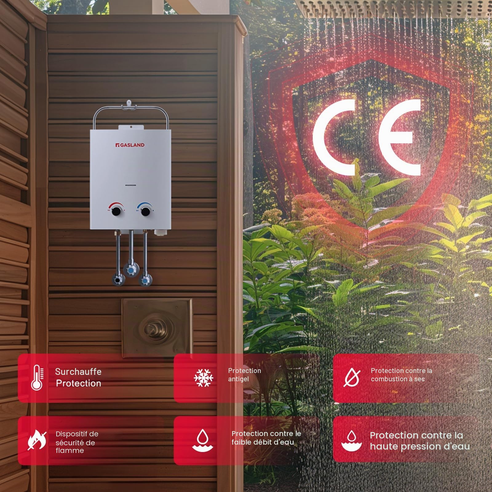 GASLAND AS132 Chauffe-eau à gaz, 5 L/min sans réservoir de gaz propane 30/37 mbar, chaudière instantanée à GPL avec poignée pour camping-car, camping, douche, lavage cheval