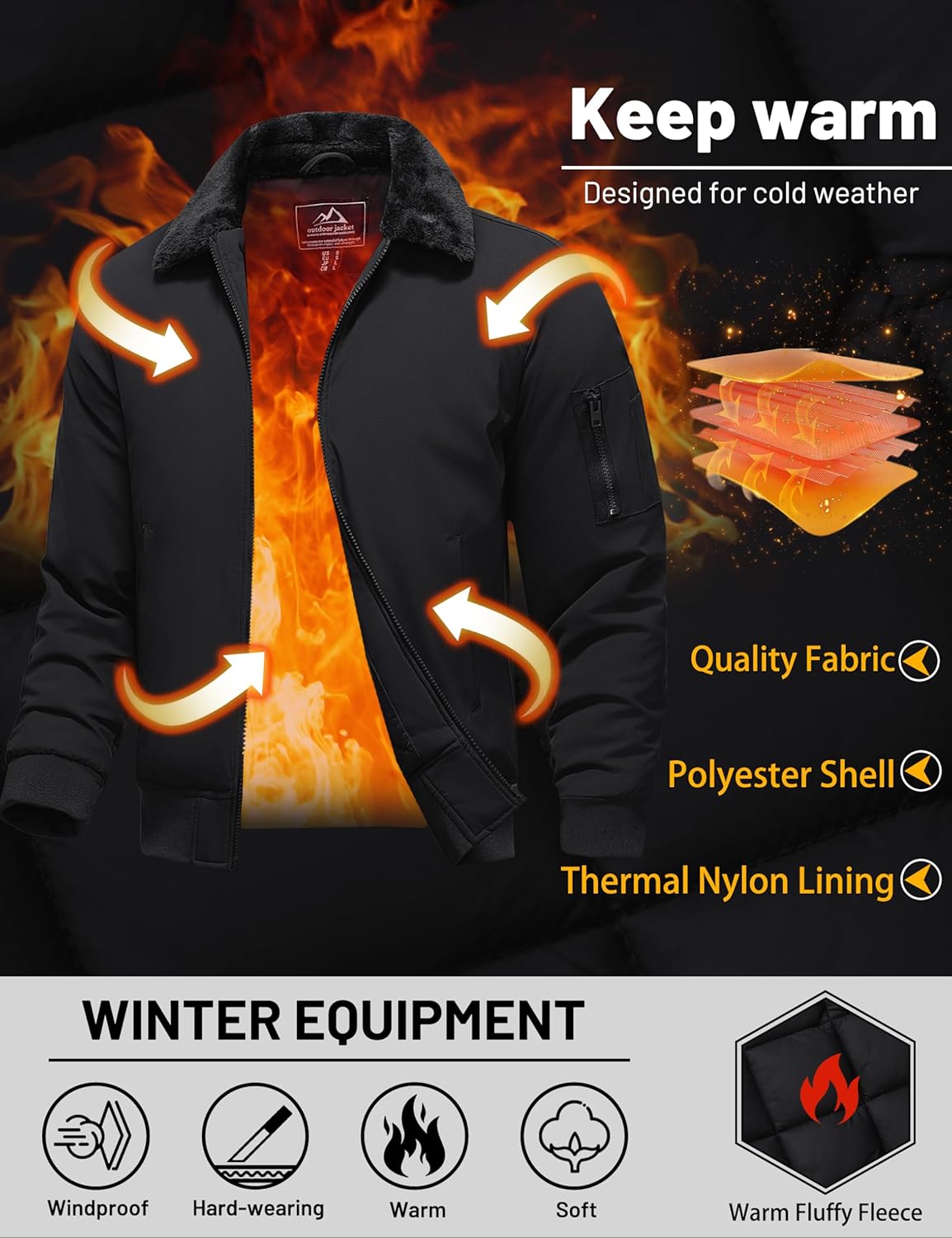 TACVASEN Men's Bomber Jacket Winter Fleece Jacket Water Repellent Windproof Thick Warm Jacket with Fur Collar - Image 5