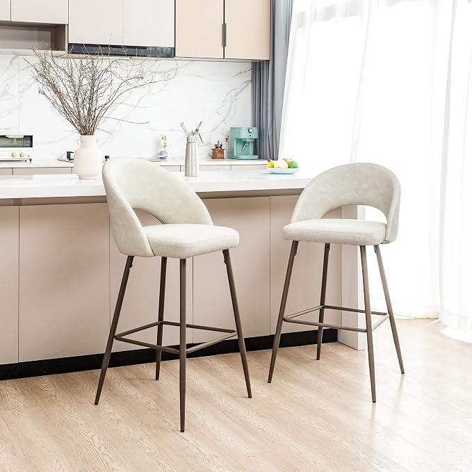 Glitzhome Modern Mid Century Barstools Set of 2, 29 Inch Seat Height Two-Tone Color Leatherette Fabric Bar Stools with Back Footrest, Upholstered Bar Height Bar Stool Kitchen Pub Bar Chairs, Pale Gray