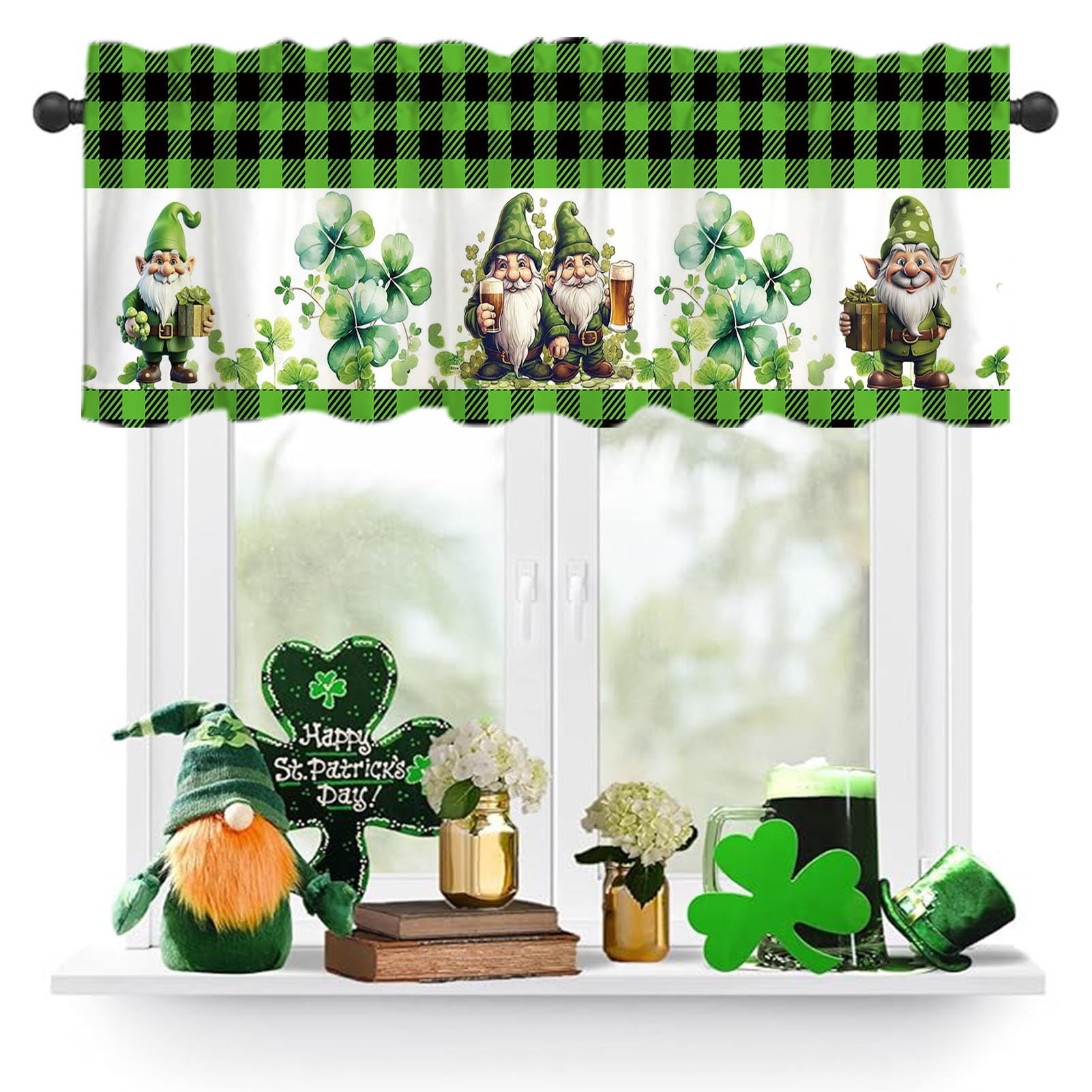 DOTOOMA St. Patrick's Day Window Valance March Lucky Shamrock Buffalo Green Plaid Gnomes Straw Wealth Money Love Symbol Bedroom Kitchen Dining Room