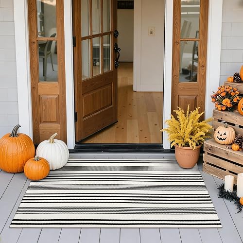 Fall Front Door Mat 2'x4.3', Cotton Washable Striped Outdoor Rug