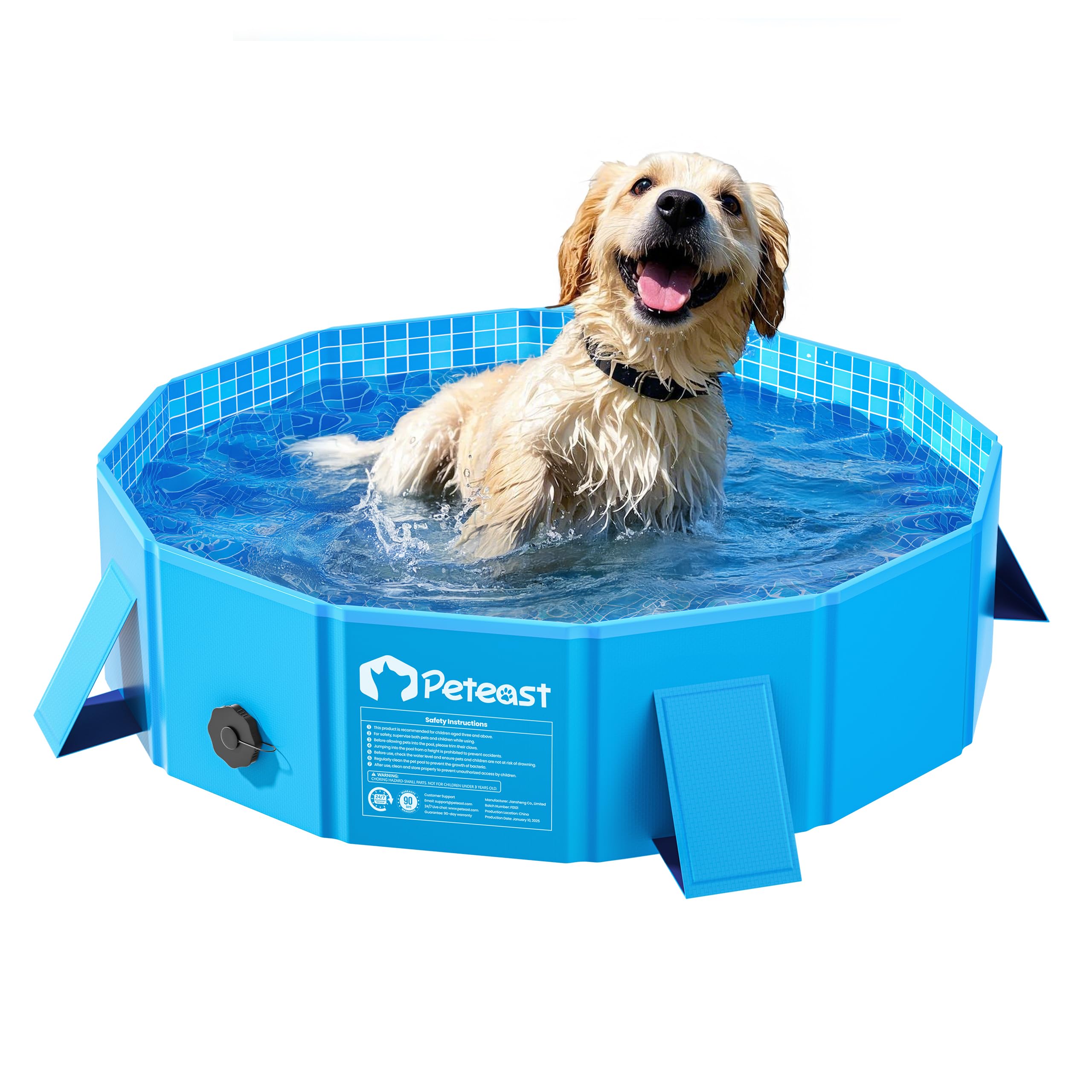 Peteast Foldable Dog Kiddie Pool with Stable Side Support, Hard Plastic Shell Portable Dog Pool, Collapsible Swimming Pool...