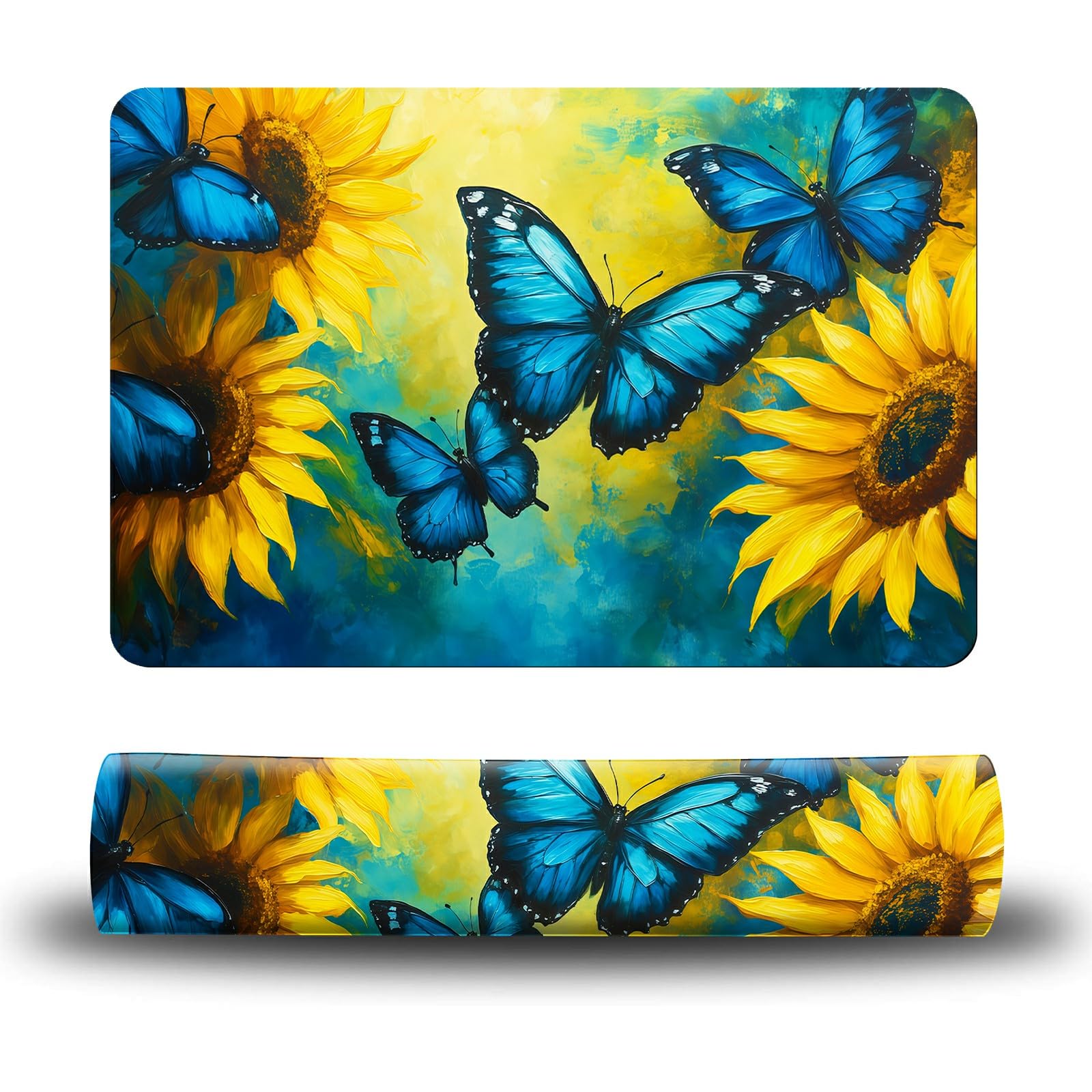 Dikoer Dog Food Mat, 19.6" x 23.6" Absorbent Pet Feeding Mat for Food and Water, Waterproof Diatom Mud Pet Placemat with Non-Slip Rubber Backing, Cat Bowl Mat for Floors - Blue Butterfly Sunflower