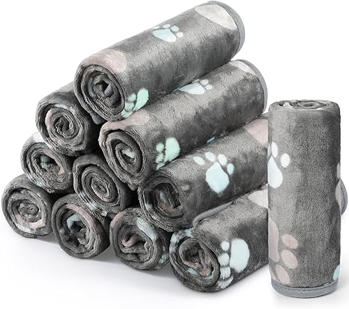 Tegeme 12 mantas para mascotas, suaves y esponjosas, de vellón, para perros y gatos, cálidas, con estampado de patas, mantas de franela para
