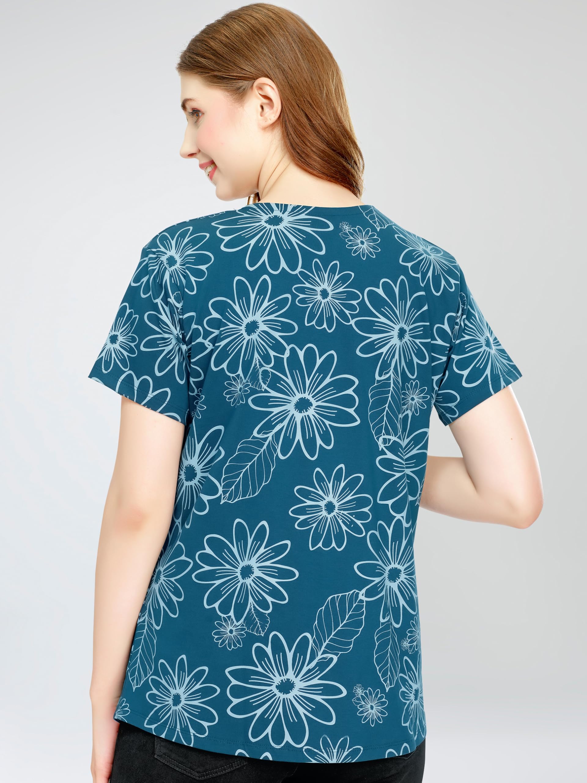 ZEYO Women's Cotton Teal Blue Maternity Top Floral Printed Feeding T-Shirt 5814 - Image 5 thumbnail