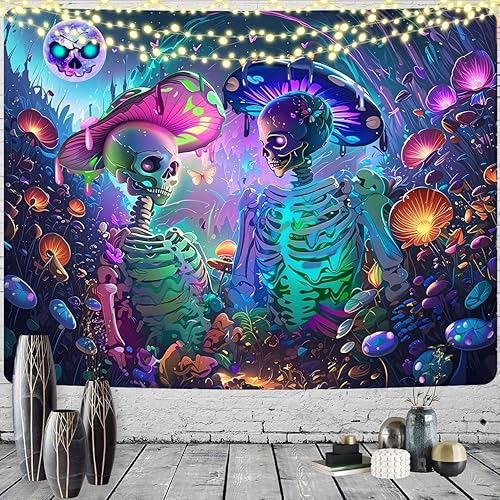 LZBXBXDA Tapiz para amantes de esqueletos de luz negra, tapiz de hongos, tapiz de plantas de fantasía, tapiz de hongos que brilla en la oscuridad,