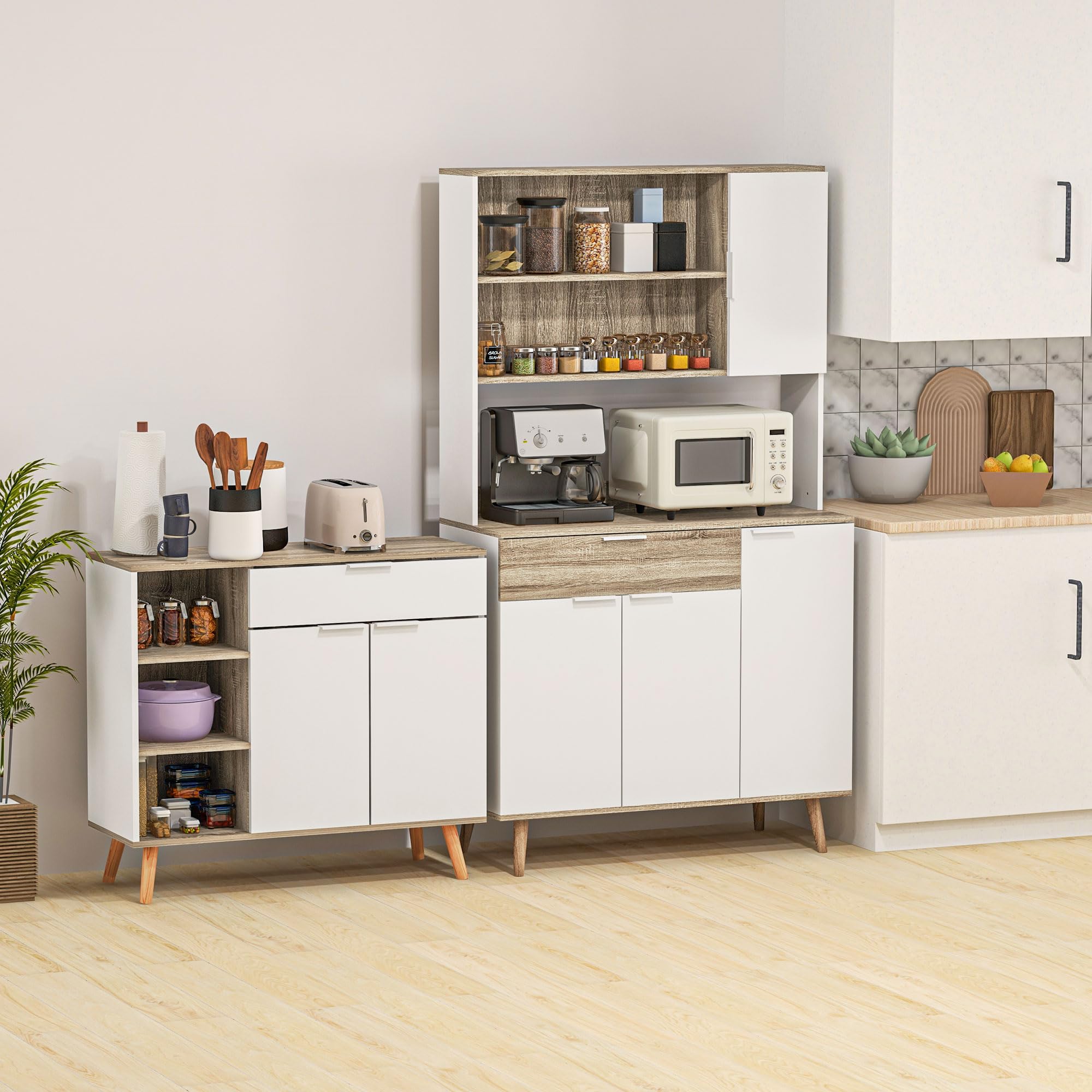 HOMCOM Aparador de Salón Moderno Aparador de Cocina con 1 Cajón 2 Puertas de Cierre Suave y Estantes Ajustables para Comedor Pasillo Dormitorio 95x35x85 cm Blanco y Natural