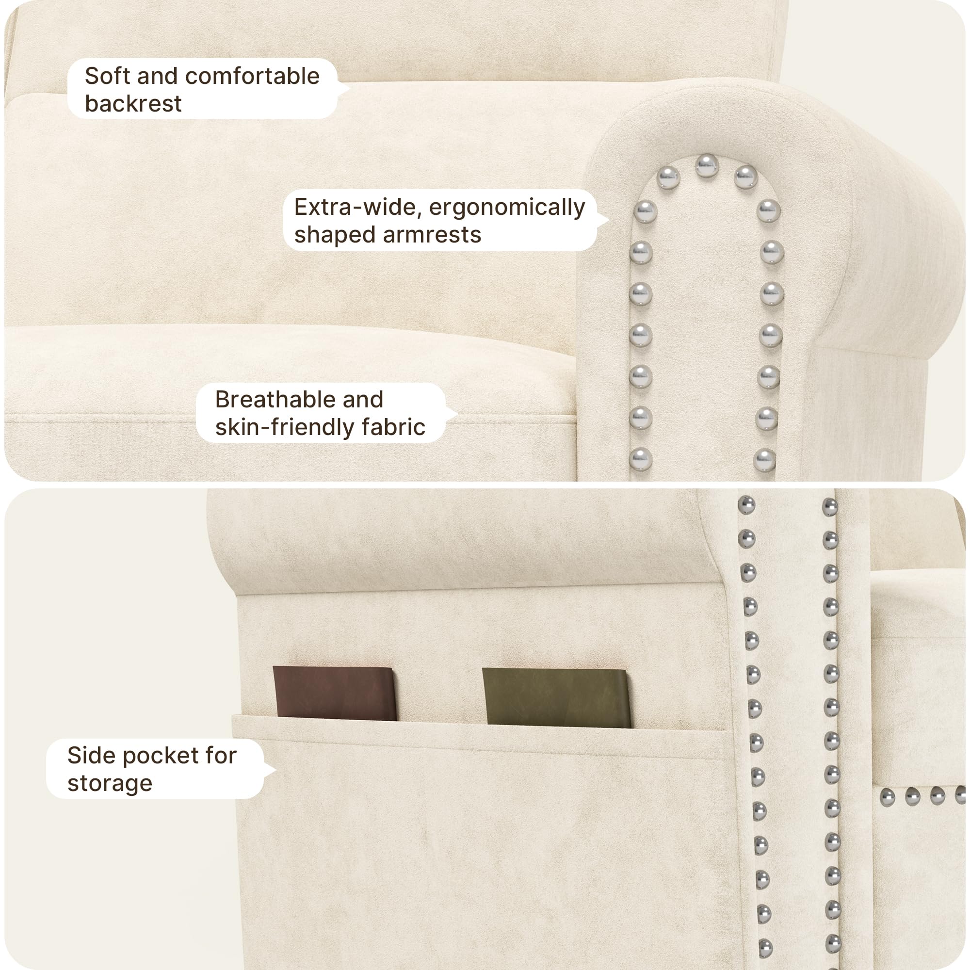 Sofá de 2 Plazas, Loveseat con Bolsillo Lateral, Sofá de Dos Plazas con Cojines Extraíbles para Salón, Dormitorio, Oficina, 152 x 76 x 84 cm (Beige)