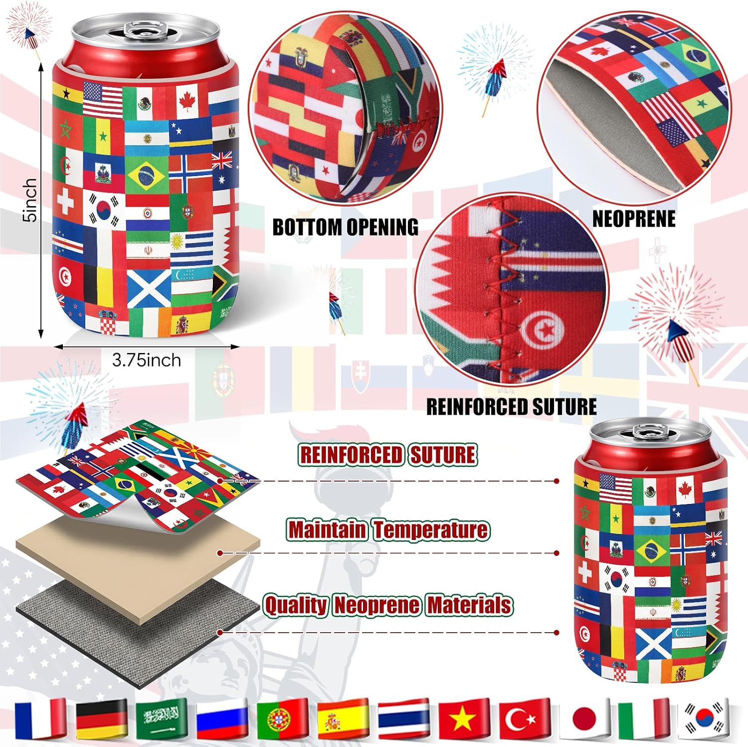 Chengu 12 Pcs 2026 Soccer Theme Party Can Cooler International Country World Flags Decorations for Tournament Drink Insulator Beer Sleeve Can Cooler Gifts for Soccer Fans Sports Party Supplies Decor image 3