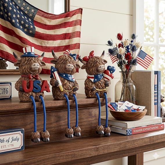 3pcs Patriotic Highland Cow Decor, Rustic Red Blue White Cow Figurines with USA,4th of July Cow Farmhouse Decor for Shelf Desk Mantel Living Room, 6.3 Inch