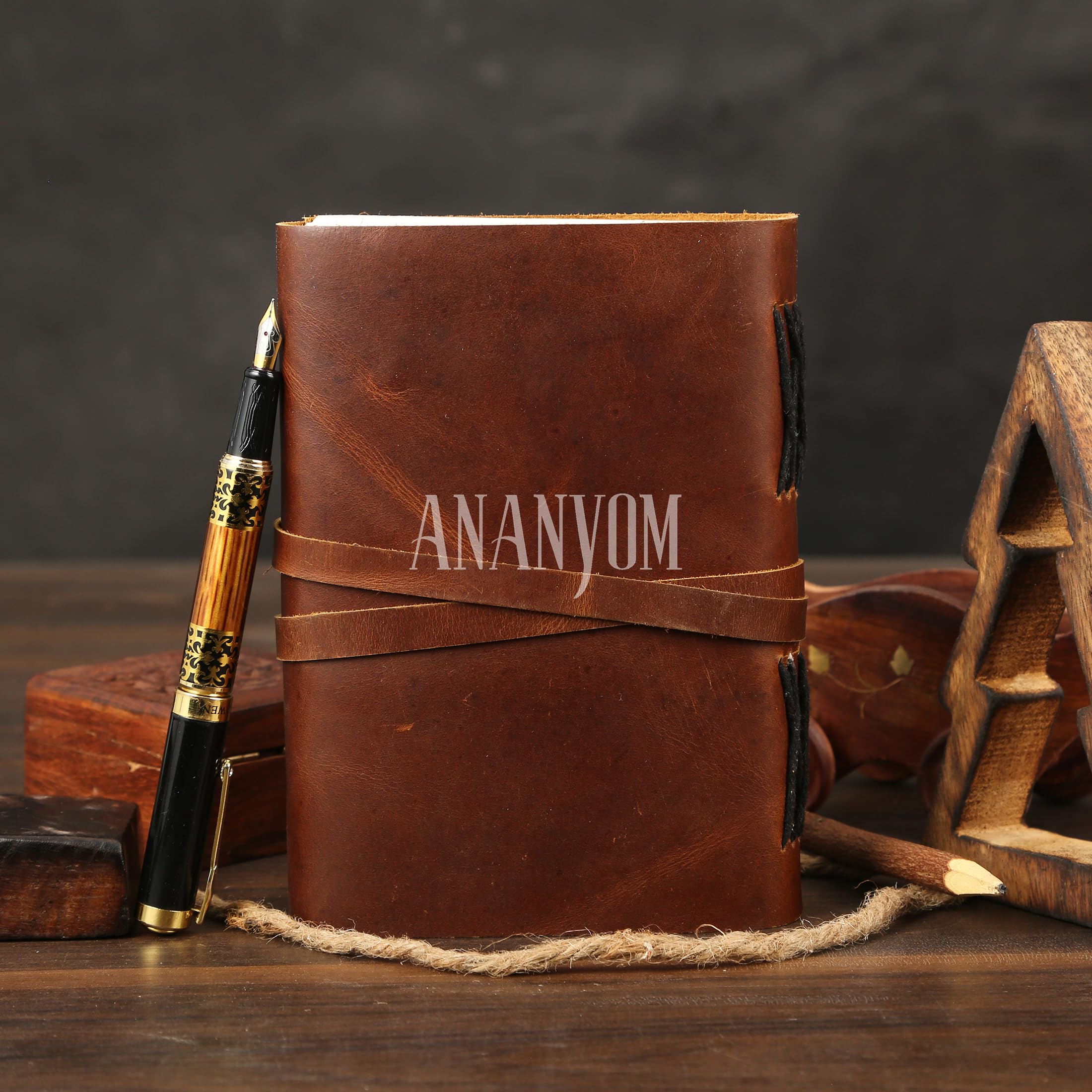 ANANYOM Vintage Leather Journal - 200 Handmade Notebook, Brown, Handmade Paper - 7x5 inch - Image 3