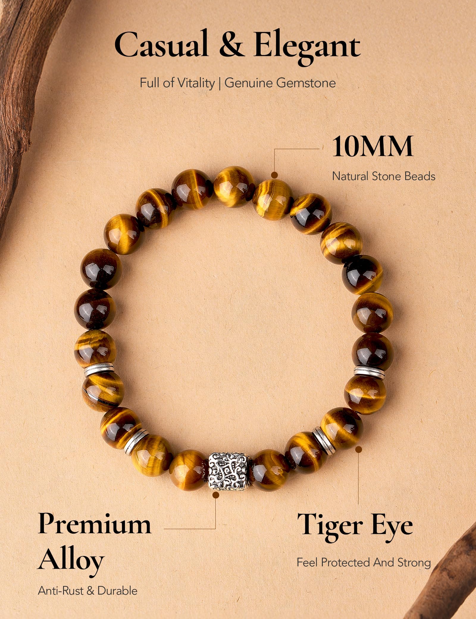 King Will Pulsera elástica de perlas de piedra natural para hombre, 10 mm – 12 mm, ajustable, regalo para hombres
