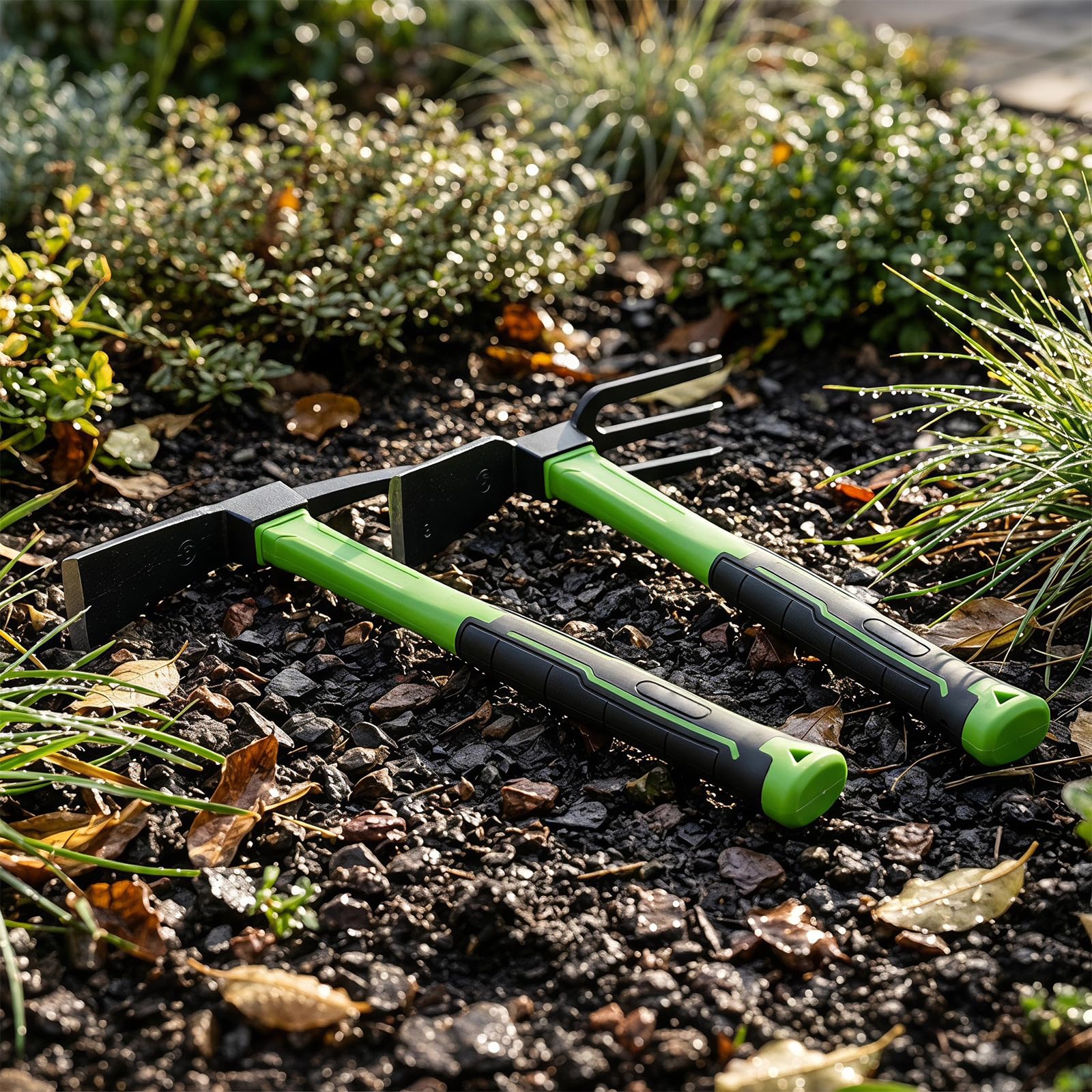 minkissy 1 juego de azada y rastrillo para jardinería, cultivo y | Kit de rastrillo y azada manual de acero al manganeso de alta resistencia, herramientas portátiles para cavar y desherbar en