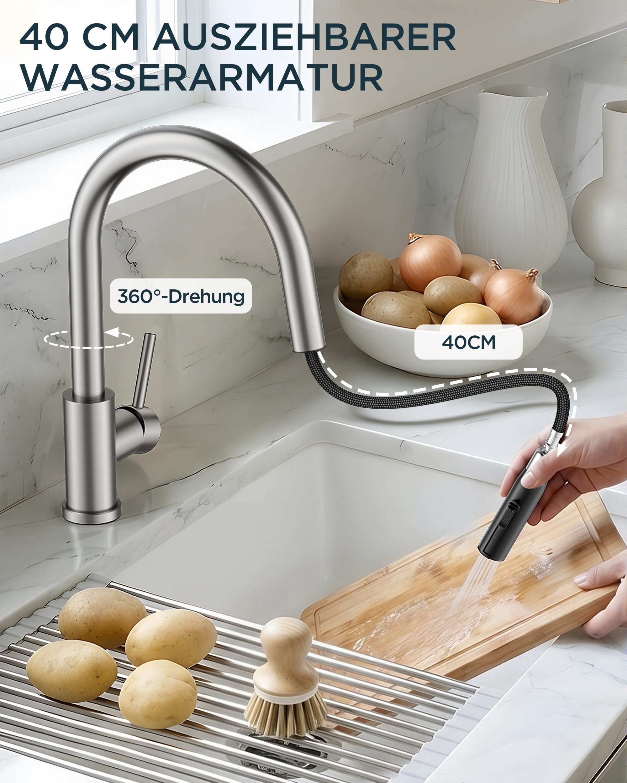 FORIOUS Wasserhahn Küche, Mischbatterie Küche mit Ausziehbar, Hochgebogene Küchenarmatur mit 2 Sprüharten, 360° Schwenkbar, Edelstahl