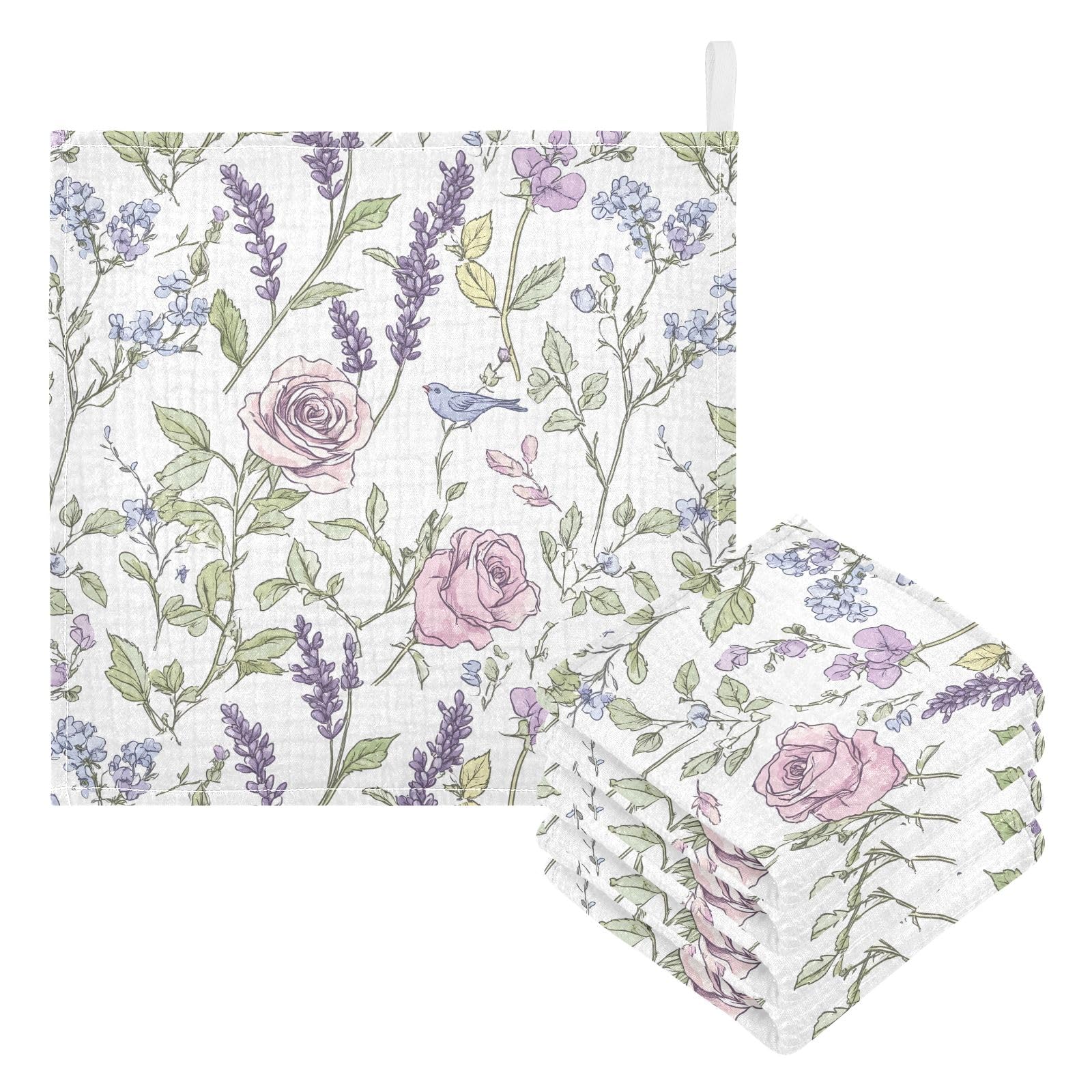 Bolaz Washcloths Set Bathroom Kitchen Wash Cloths Face Towels Wipes Lavender Rose Decorative 12x12 Inch 5 Pack