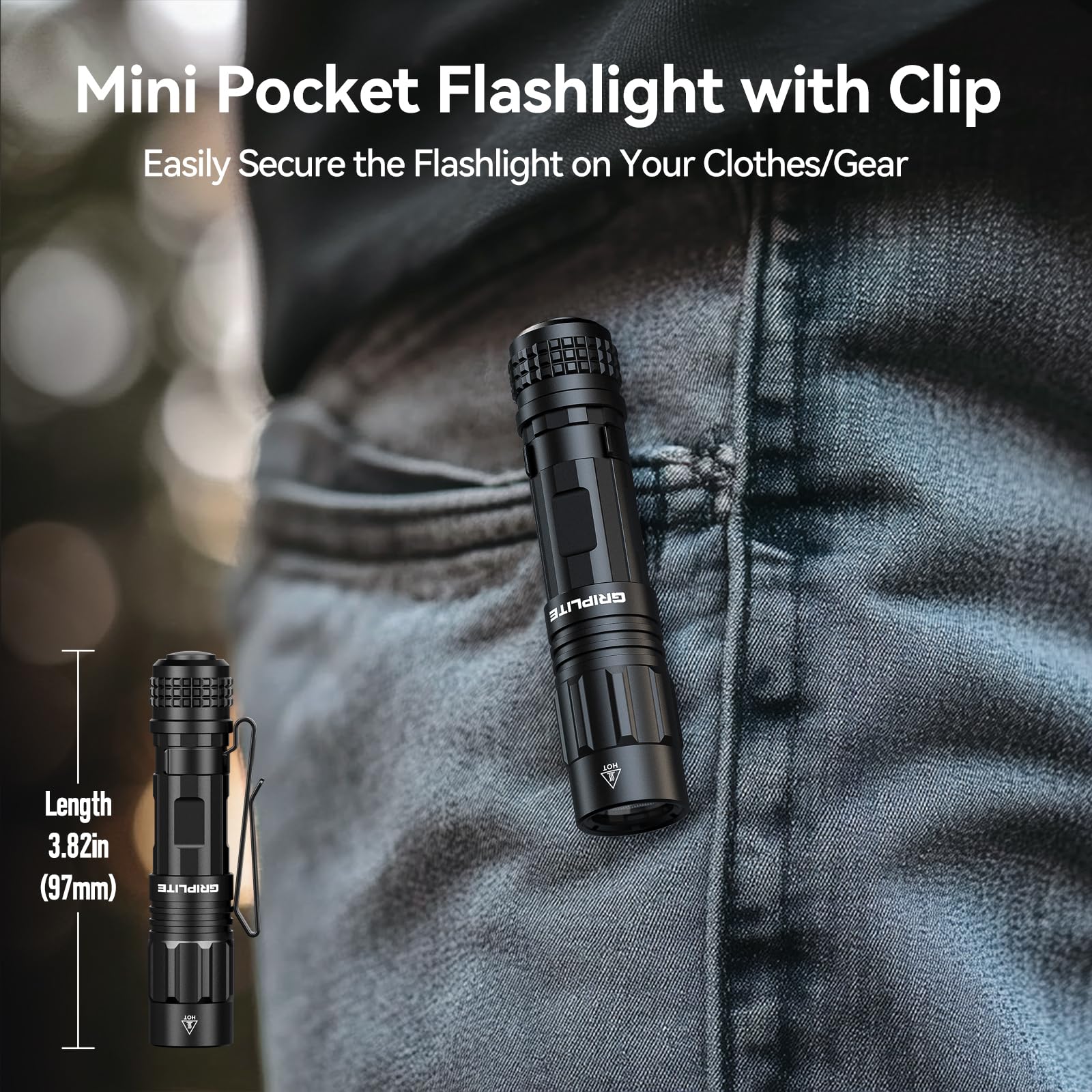 GripLite Pocket Flashlight, 500 Lumens Dual Fuel Rechargeable AA LED Light, Small EDC Flashlight with Clip for Camping, Hiking and Everyday Use