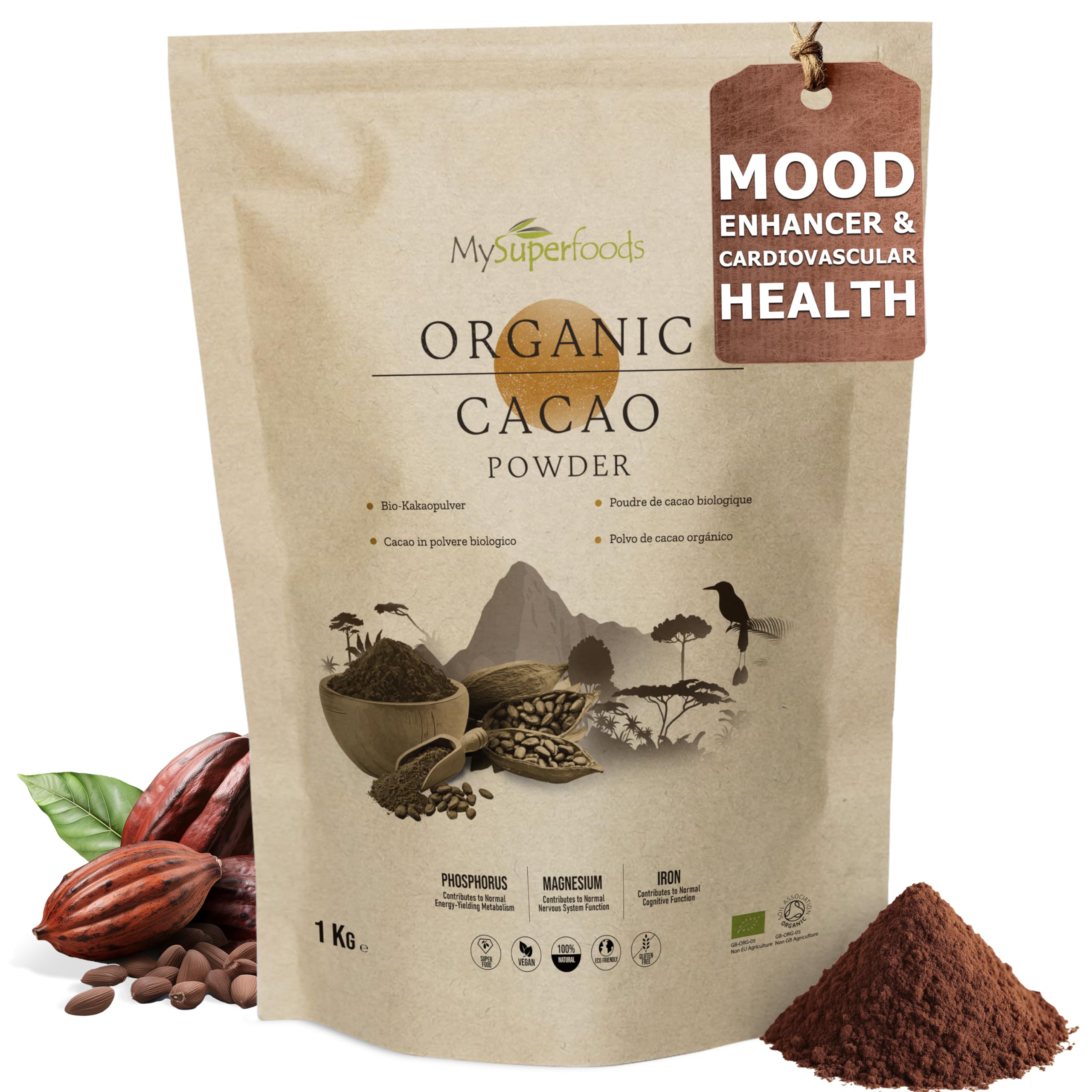 Organic Cacao/Cocoa Powder 1Kg | Pure & Unsweetened | Mood Enhancer & Cardiovascular Health | Natural Source of Magnesium | Perfect for Smoothies, Baking & Hot Chocolate | Non-Alkalised, VeganSoil AssociationEU OrganicSoil AssociationSoil Association