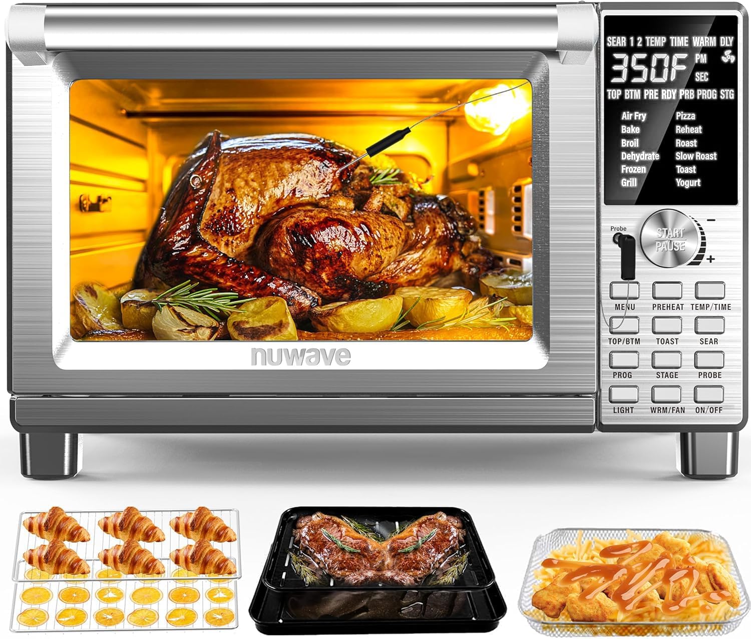 Bravo Air Fryer Toaster Smart Oven, 12-in-1 Countertop Convection, 30-QT XL Capacity, 50°-500°F Temperature Controls, Top and Bottom Heater Adjustments 0%-100%, Brushed Stainless Steel Look