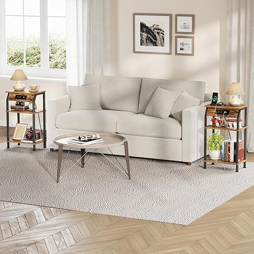 Miniatura 7 de Mesa auxiliar alta con almacenamiento, mesa auxiliar pequeña de 3 niveles con estación de carga, soporte de mesita de noche estrecho, mesita de