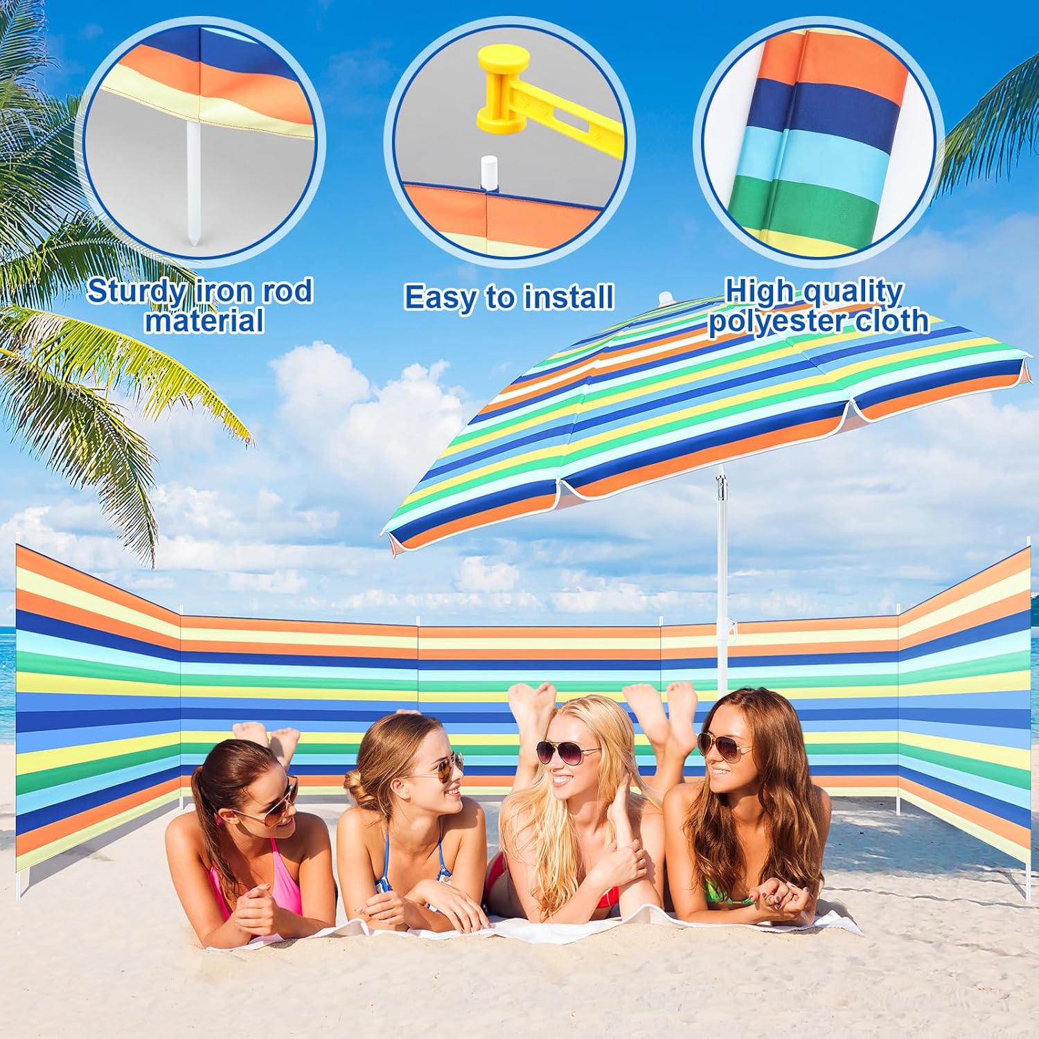 Sliner 20ft Beach Windscreen Kit with Adjustable Beach Umbrella Outdoor and Sand Anchor, Wind Blocker for Sand Portable Windscreen Sunbathing Privacy Screen with Bag and Hammer, Rainbow Stripe