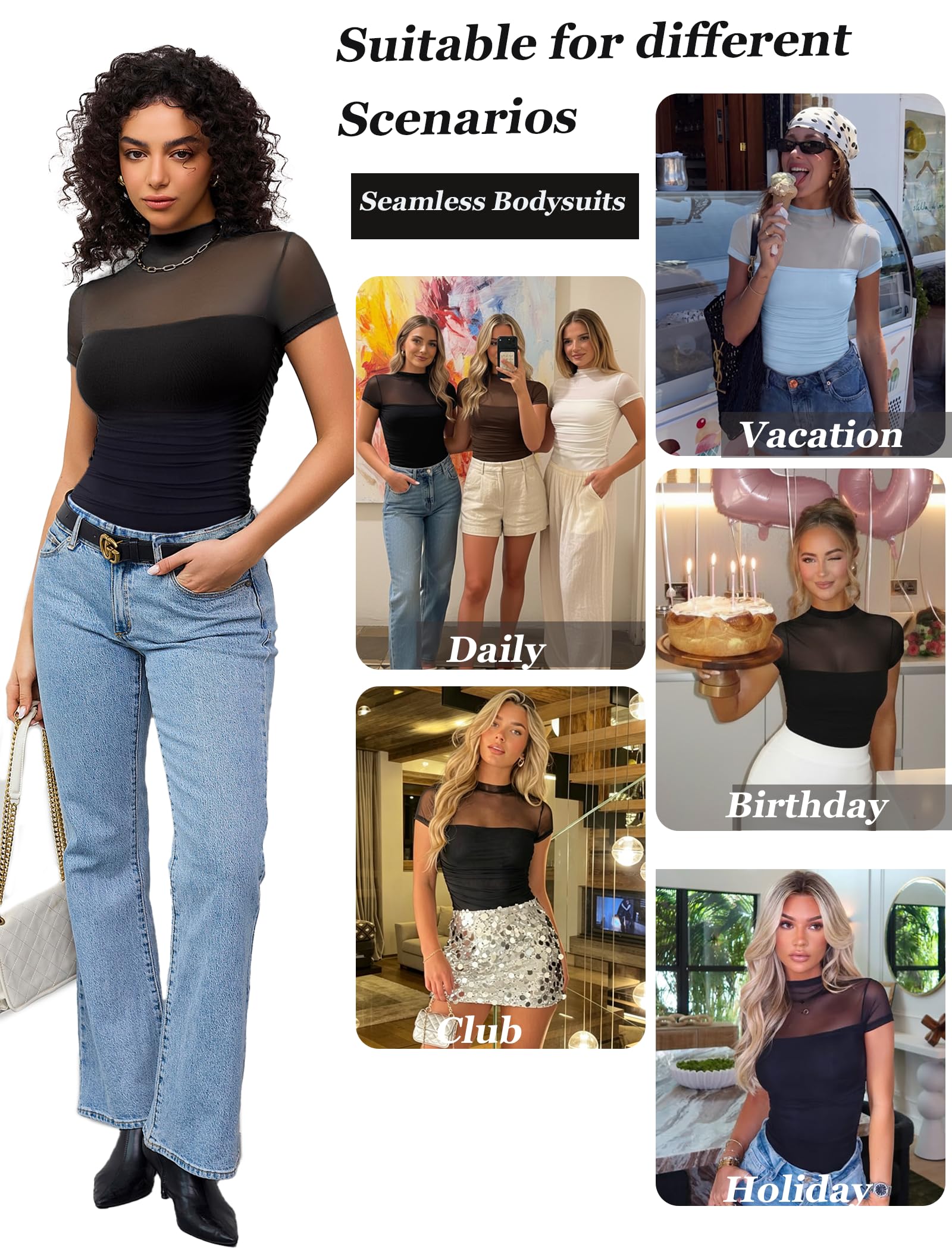 Avidlove Body da donna a maniche corte con collo alto Body in rete un pezzo body per uscire top abiti per appuntamenti