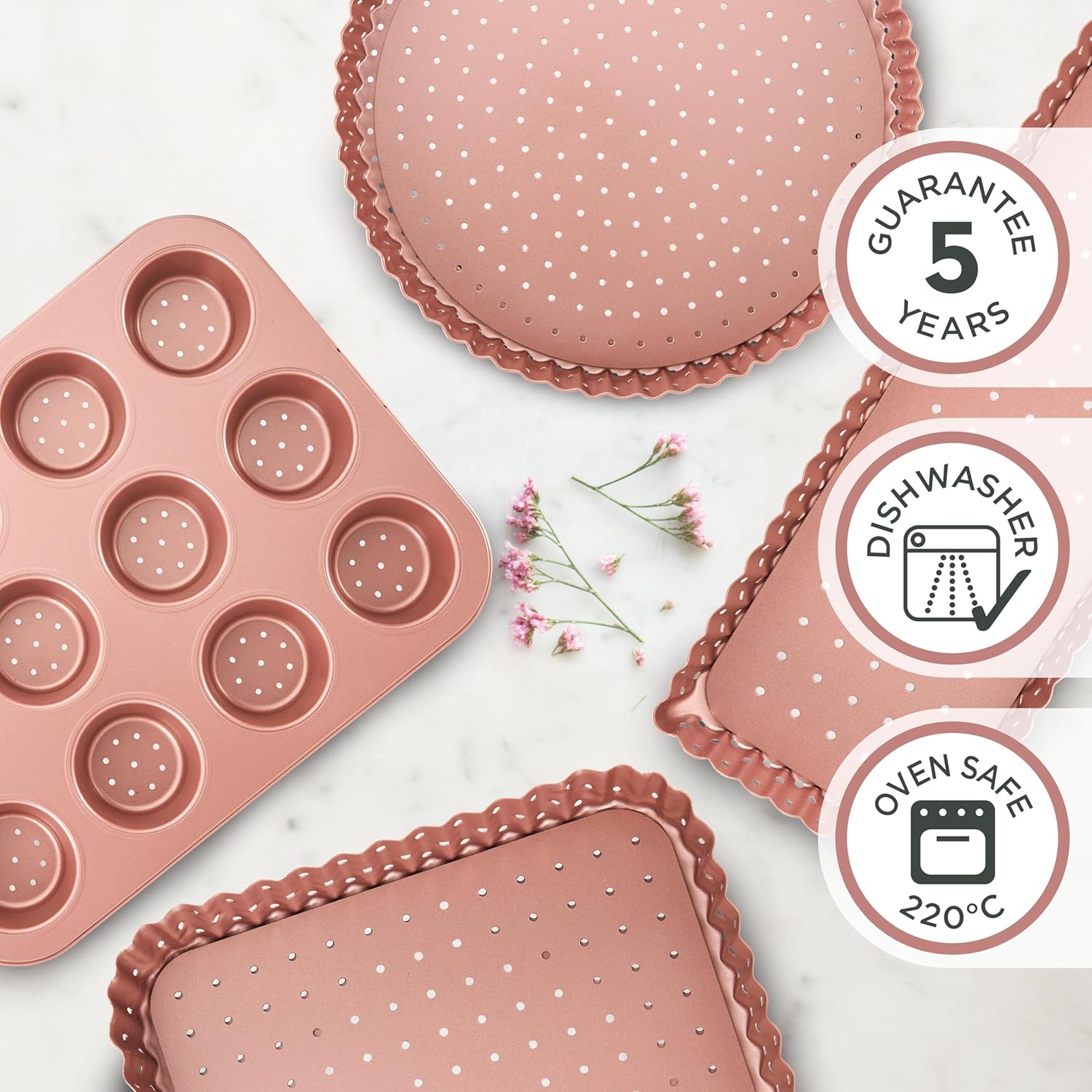 Wiltshire Rose Gold Round Quiche and Tart Pan, PFOA PTFE Free, Perforated Sheet Bakeware, Circular Pastry Mould with Removable Base, Non-Stick, 24x24x2.5cm