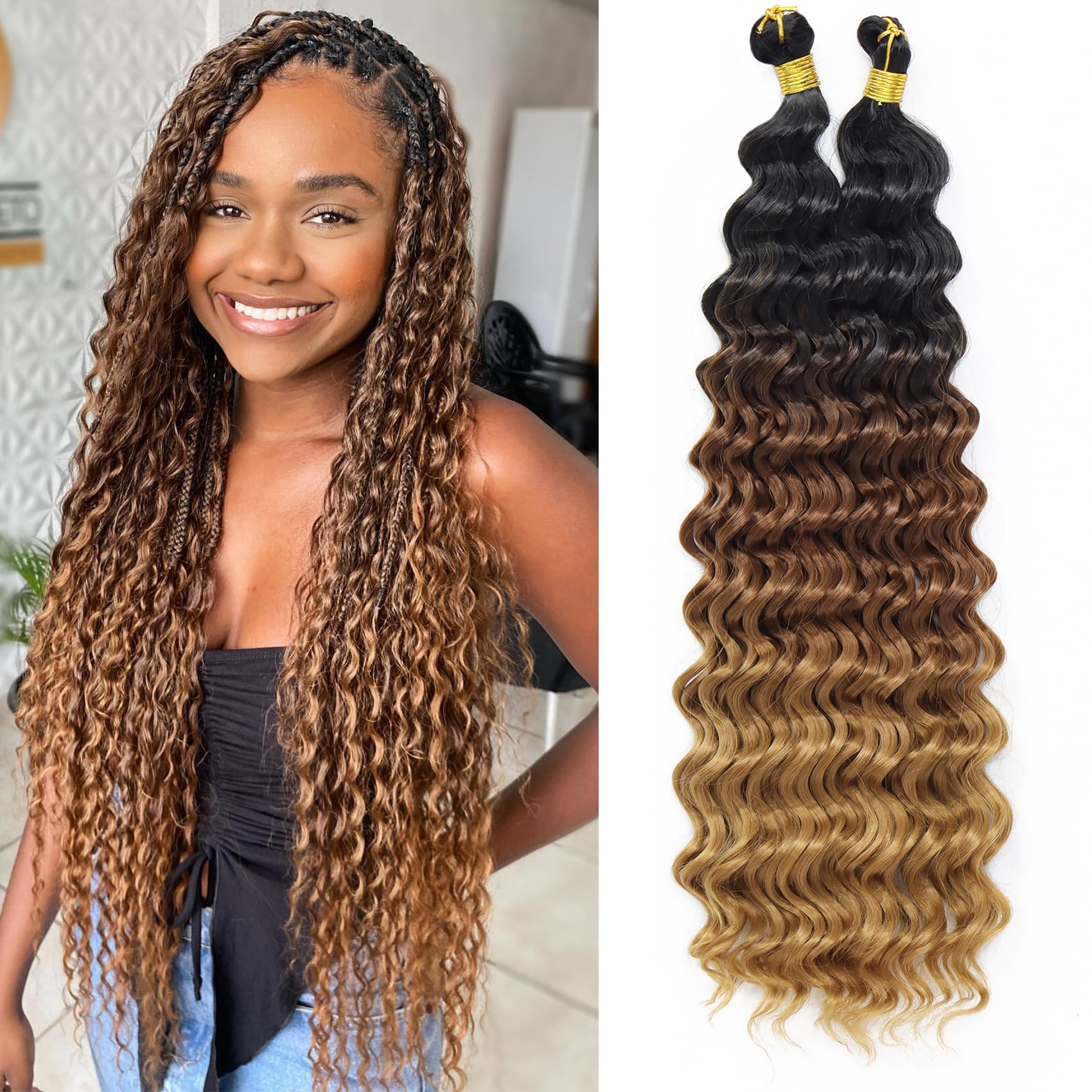 Eerya Long Curly Braiding Hair 18 Inch 2 Packs Ocean Wave Crochet Hair for Black Women Deep Wave Braiding Hair for Boho Braids (18 inch, T1B/30/27)