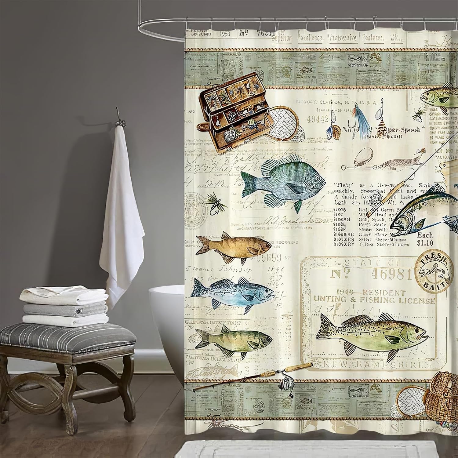 Tijuboni Cabin Fishing Shower Curtain Farmhouse Bathroom Shower Curtains Rustic Country Bathroom Decor Waterproof Polyester Fabric 72" x 72"