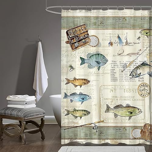 Miniatura 7 de Cortina de ducha de pesca, cortinas de ducha rústicas, decoración de baño, tela de poliéster impermeable, 60 x 72 pulgadas