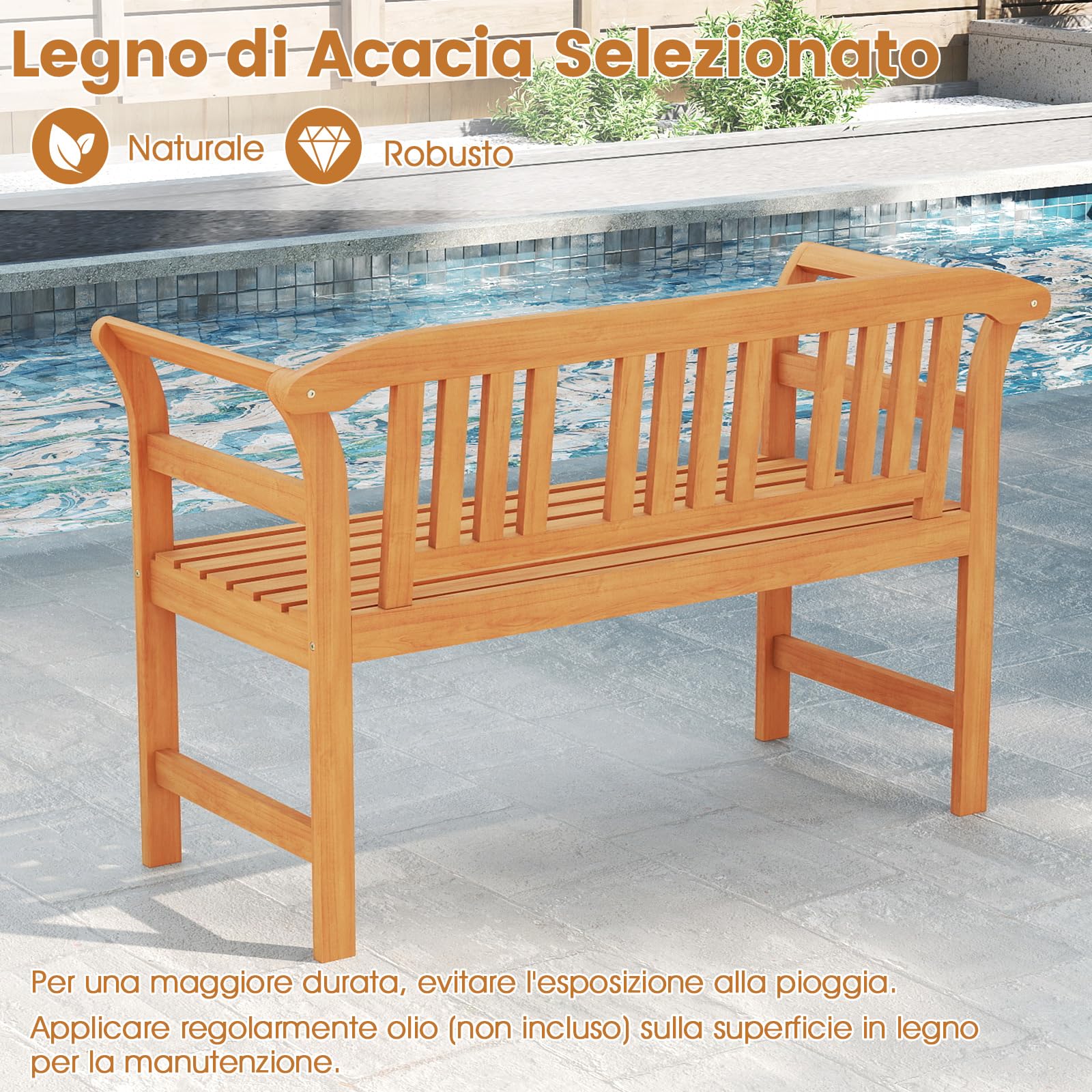 COSTWAY Panchina da Giardino in Legno di Acacia, Portata 360 kg, Panca da Patio per 2 Persone con Schienale Ondulato e Seduta a Doghe, Divanetto Esterno per Portico, Balcone e Parco (Modello 1)