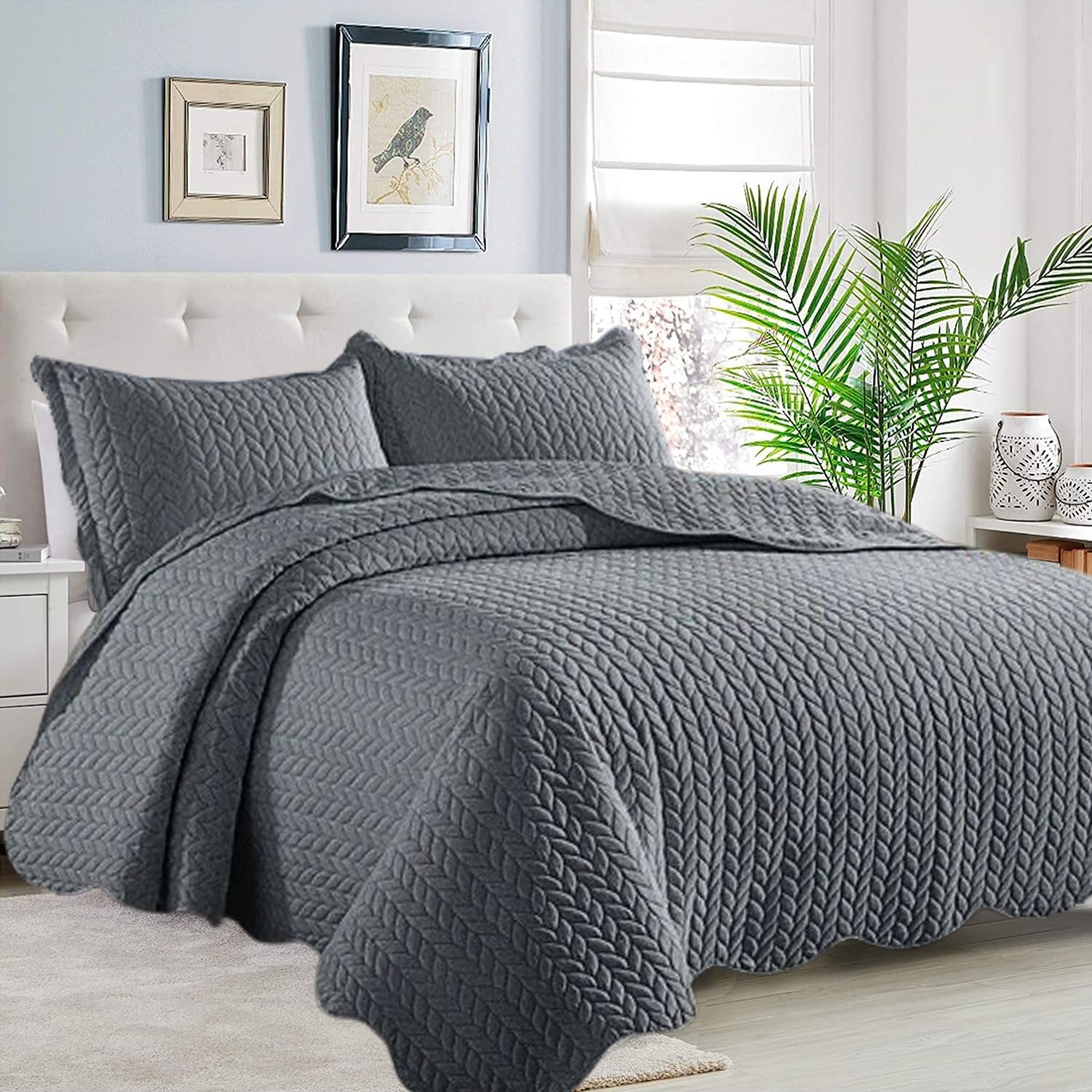 Rugs Garden Leaf Bedspread Bed Throw - Luxury & Stylish Matt Finish Lightweight Reversible Embossed Pattern 3Pcs Bedding Sets (Super King, Grey)