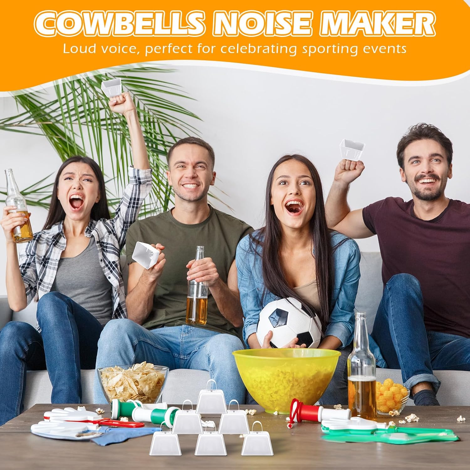 50 Pcs Cowbells Noise Maker with Handle Sporting Event Bells Metal Decorative Cow Bells Hand Percussion Cowbells 3 Inch Small Cow Bell Bulk for Wedding, Football Games, Party (White)