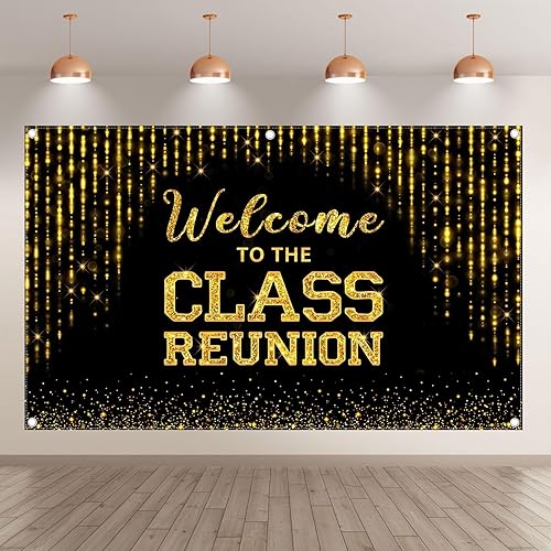 Miniatura 2 de Telón de fondo dorado de 96 x 60 pulgadas con texto en inglés "Welcome to the Class Reunion 20th 30th 40th Reunion Fotografía Fondo de Fiesta
